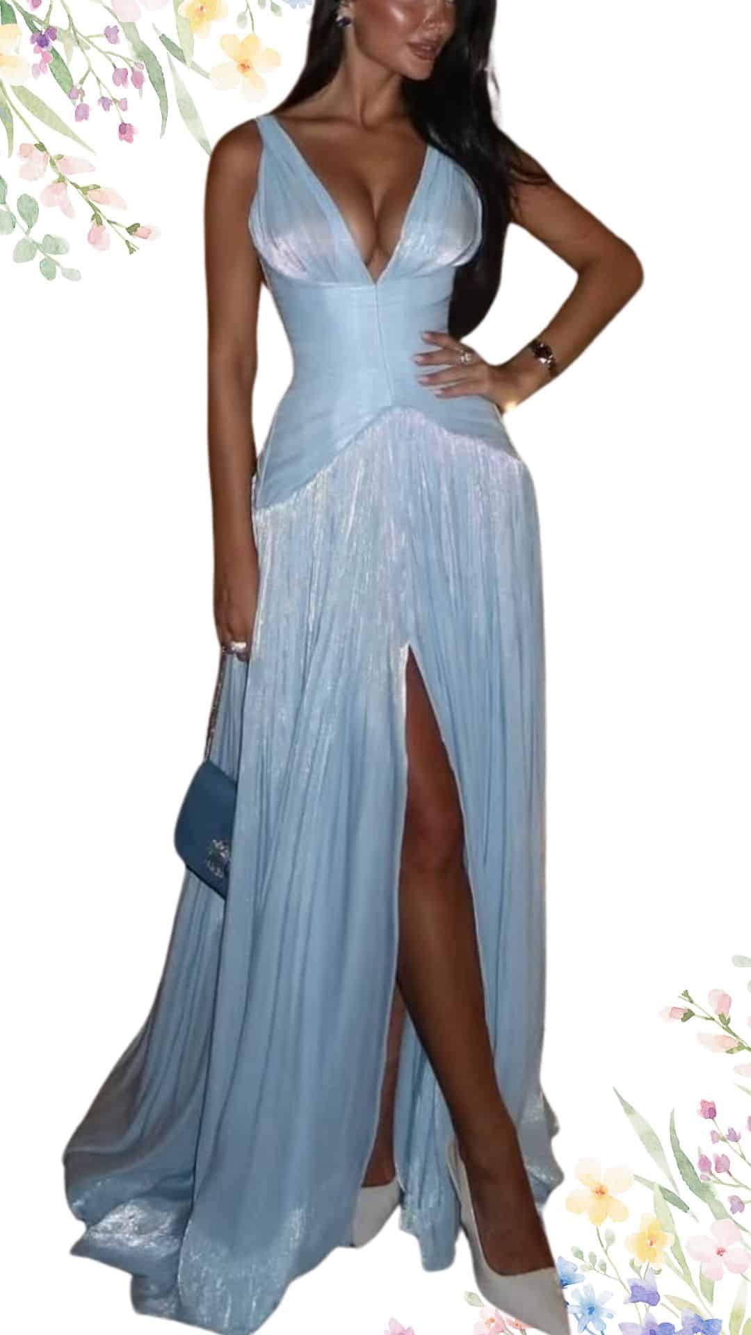 An elegant, floor-length gown in a soft light blue shade features a fitted bodice, a deep V-neckline, and delicate straps. The dress has a flowing silhouette with shimmering textures and a thigh-high slit on one side, adding sophistication and ease of movement. The design combines classic elegance with a contemporary flair, making it perfect for a spring wedding.