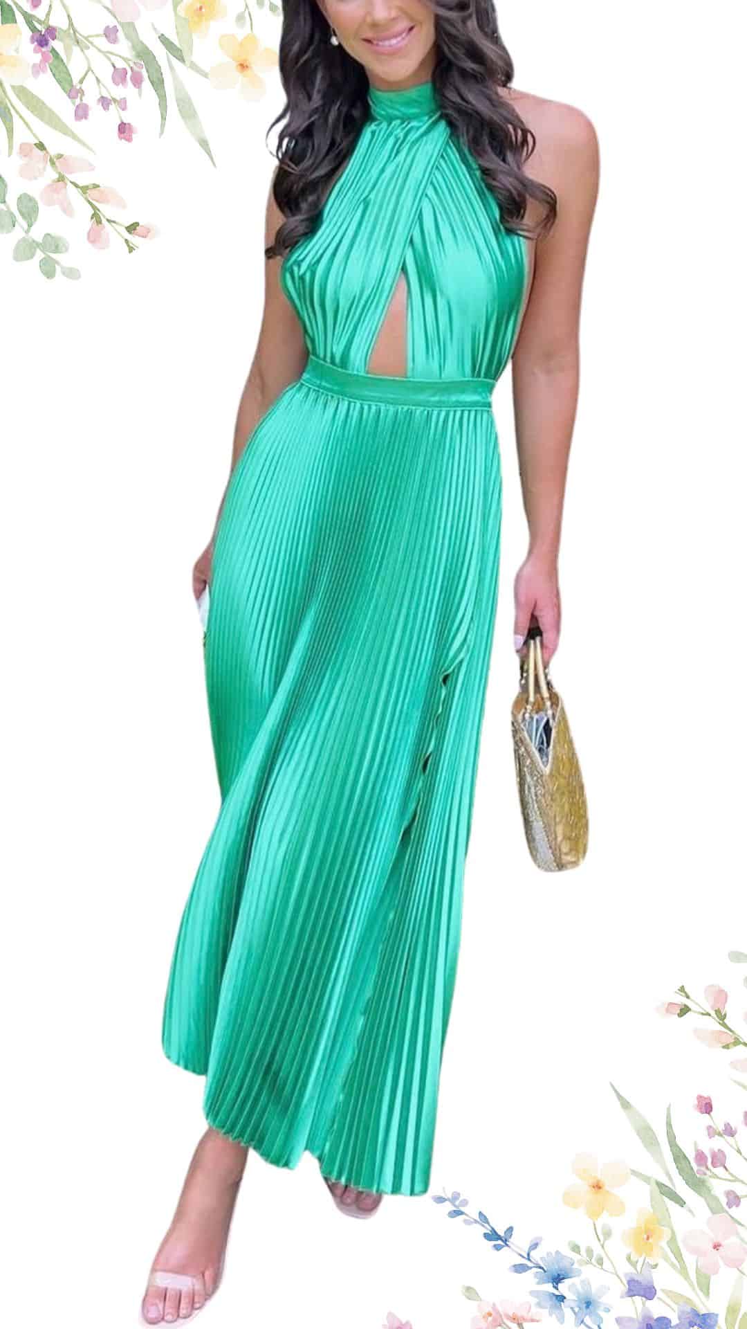 This elegant spring wedding guest dress features a striking deep green hue with a pleated texture that adds movement and sophistication. It has a chic halter neckline with a keyhole cutout, and flows to a floor-length hemline with a graceful silhouette. The dress is accentuated by a fitted waist, enhancing the overall classy appearance.
