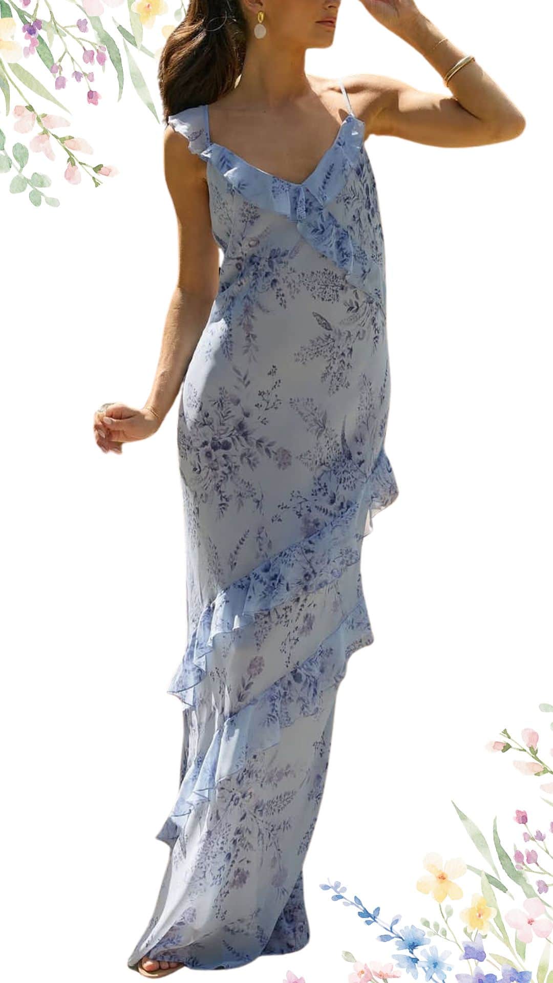 This elegant spring wedding guest dress features a light blue hue adorned with delicate floral patterns, creating a soft and sophisticated look. The floor-length design includes a flattering V-neckline and ruffled detailing along the front, enhancing its airy feel. With thin adjustable straps and a flowing silhouette, this dress combines grace and comfort perfectly for a spring celebration.