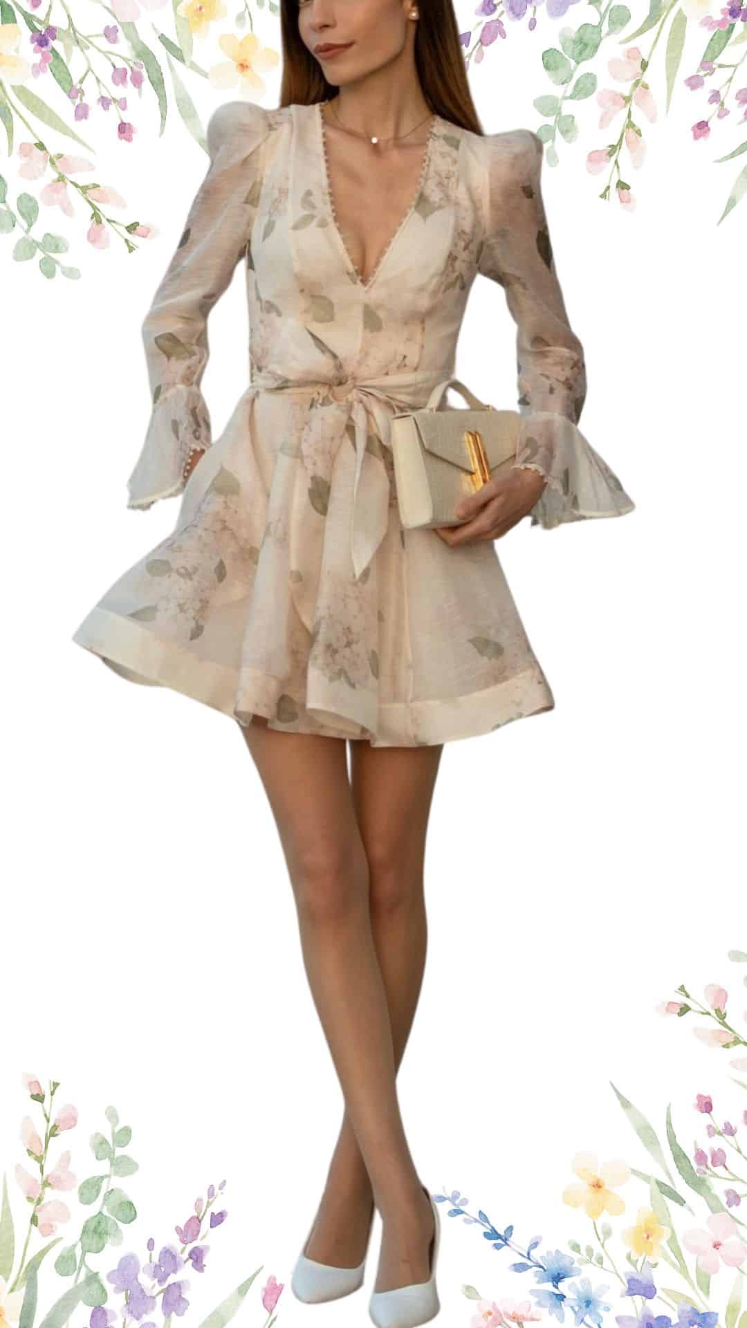 This elegant spring wedding guest dress features a soft, pale background adorned with subtle floral patterns. It has long, sheer sleeves with delicate ruffled cuffs, a deep V-neckline, and a flared mini-length skirt that offers a playful movement. The waist is cinched with a matching self-tie belt, enhancing the dress's feminine silhouette.