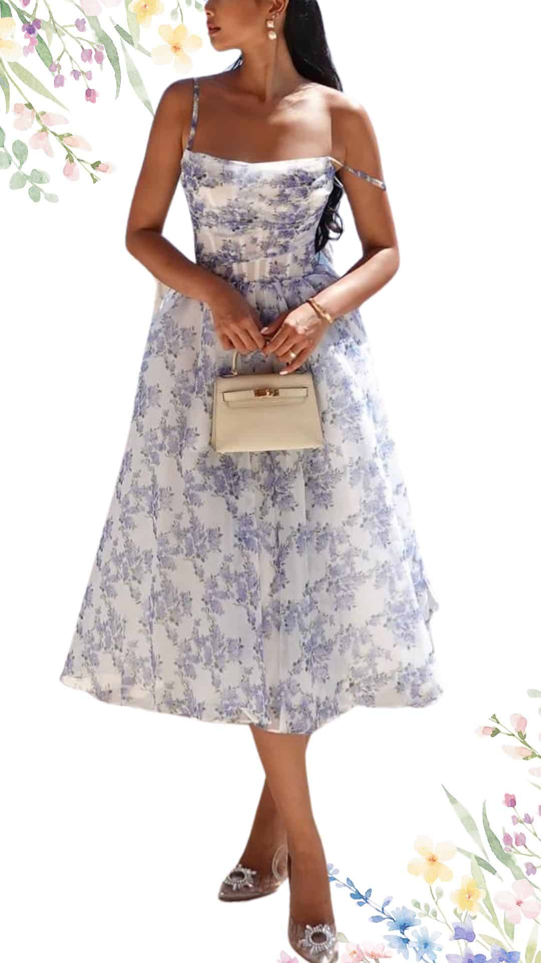 An elegant, floral-printed dress featuring a fitted bodice and a flattering A-line silhouette, designed for spring events. The soft fabric blends shades of white and lavender, with delicate detailing that includes thin, adjustable straps and a midi length hemline that falls just below the knees. The dress exhibits a timeless charm, making it a perfect choice for a sophisticated wedding guest look.