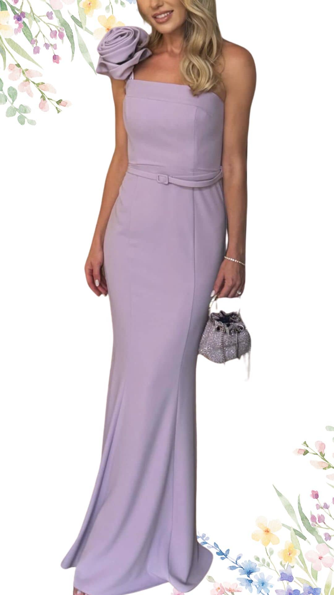 The dress features a fitted silhouette in a soft lavender shade, crafted from a smooth, flowing fabric. It has a structured square neckline and a single oversized floral detail on one shoulder, complemented by a matching belt that cinches at the waist. The gown falls to the floor with a subtle train for an elegant finish, making it a classy choice for a spring wedding.