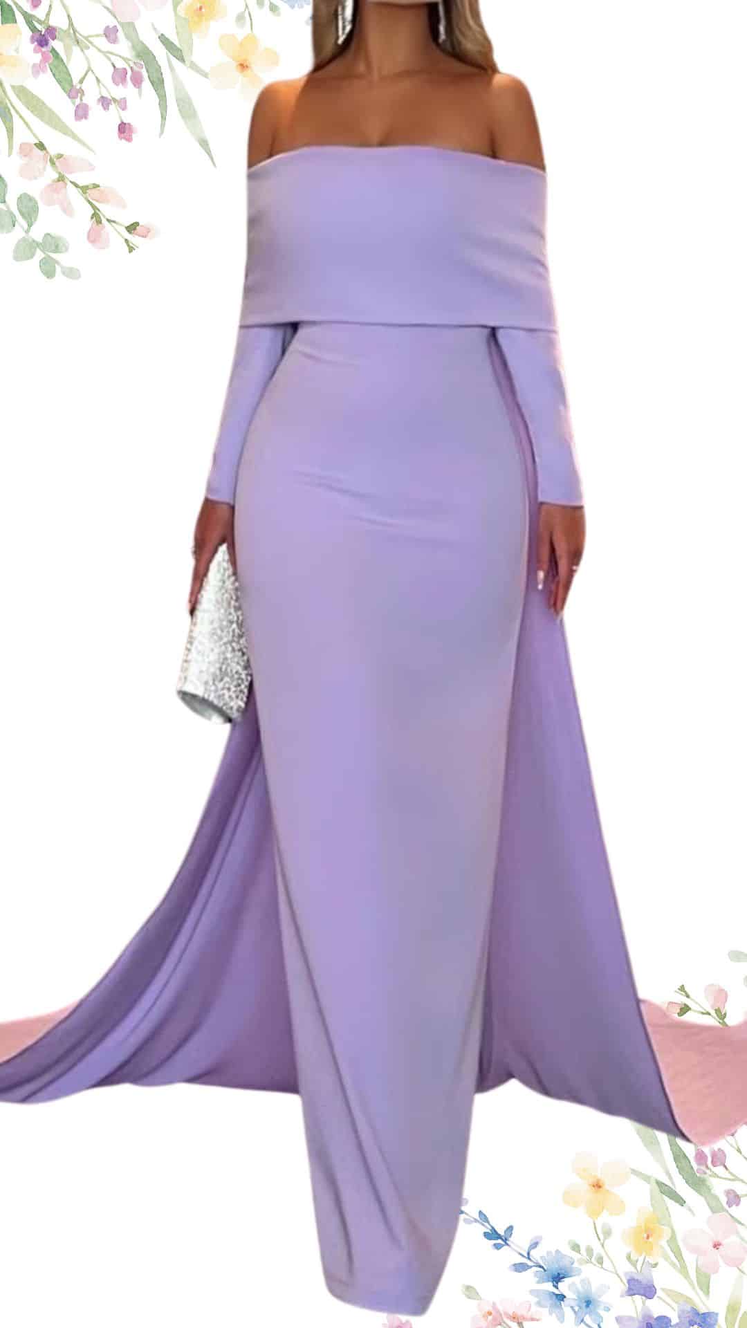 An elegant, off-the-shoulder gown in a soft lavender hue, featuring a form-fitting silhouette and long sleeves for a sophisticated touch. The dress has a floor-length cut with a subtle train, creating a graceful flow, while the smooth fabric enhances its refined appearance.