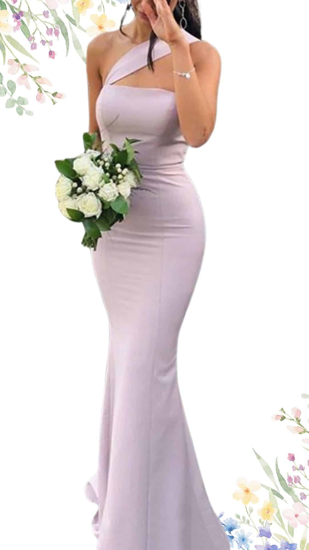 The dress is a form-fitting, elegant lavender gown with a one-shoulder design and a subtle cutout. It features a maxi length with a mermaid hemline that gracefully flares out towards the bottom, crafted from a smooth, stretchy fabric that enhances comfort and mobility. The neckline is asymmetrical, accentuating the shoulder while providing a sophisticated look.