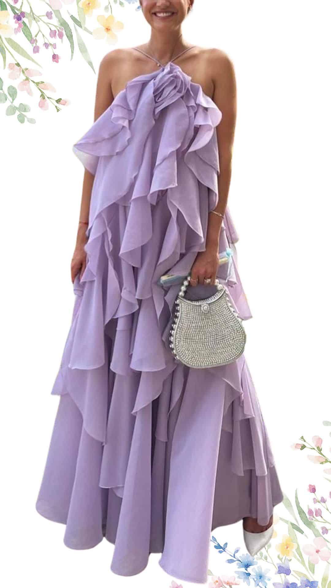 This elegant spring wedding guest dress features a trendy, strapless design crafted from soft, flowing lavender fabric adorned with cascading ruffles. The floor-length silhouette has a tiered hemline, creating a graceful, airy feel perfect for a romantic occasion. Its lightweight texture enhances comfort while maintaining a refined appearance.