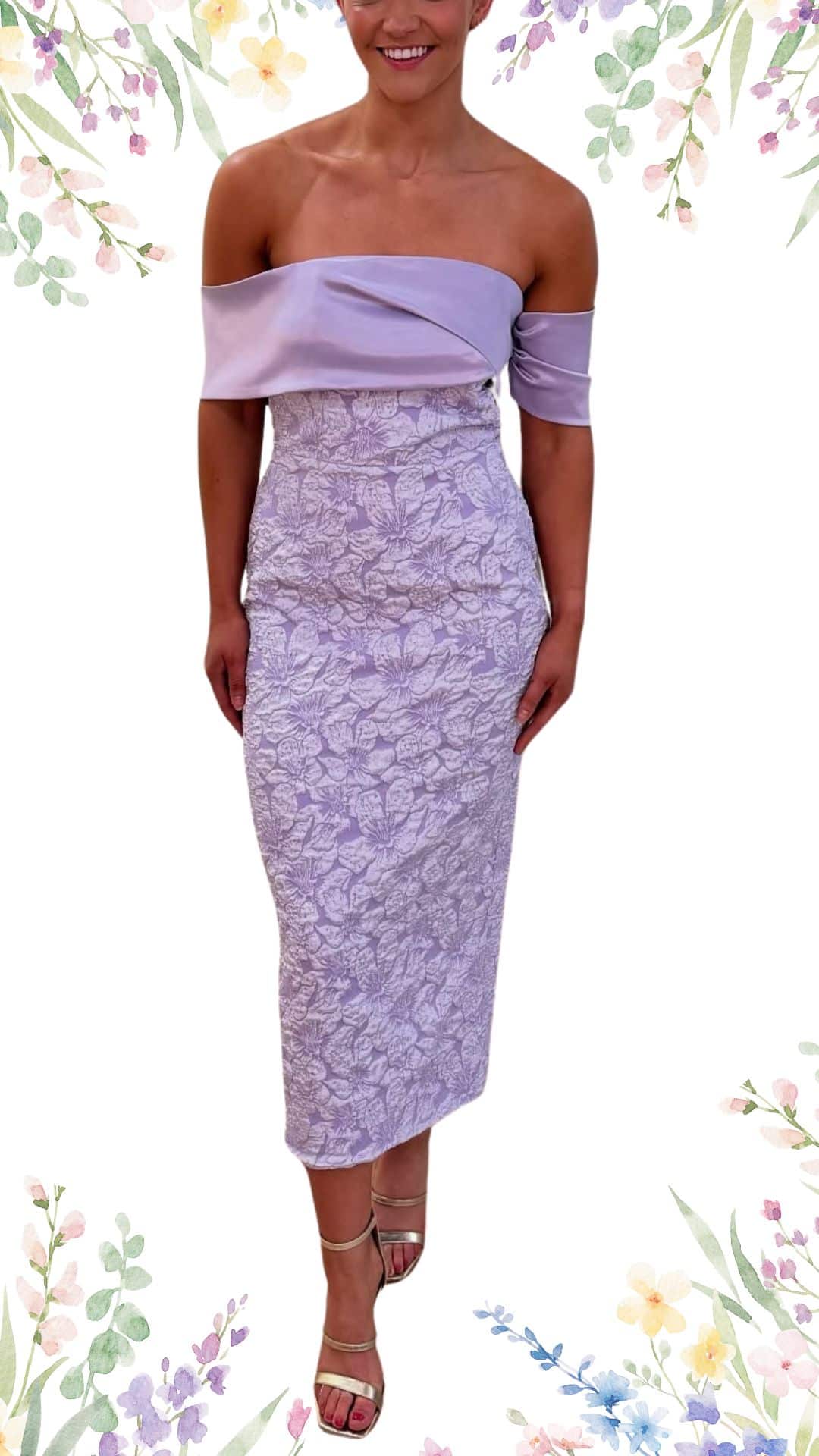The dress features a sophisticated off-the-shoulder neckline and a fitted silhouette that falls to mid-calf. It is composed of a soft lilac fabric adorned with intricate floral patterns, creating a delicate texture. The hemline is straight, offering an elegant finish perfect for a spring wedding.