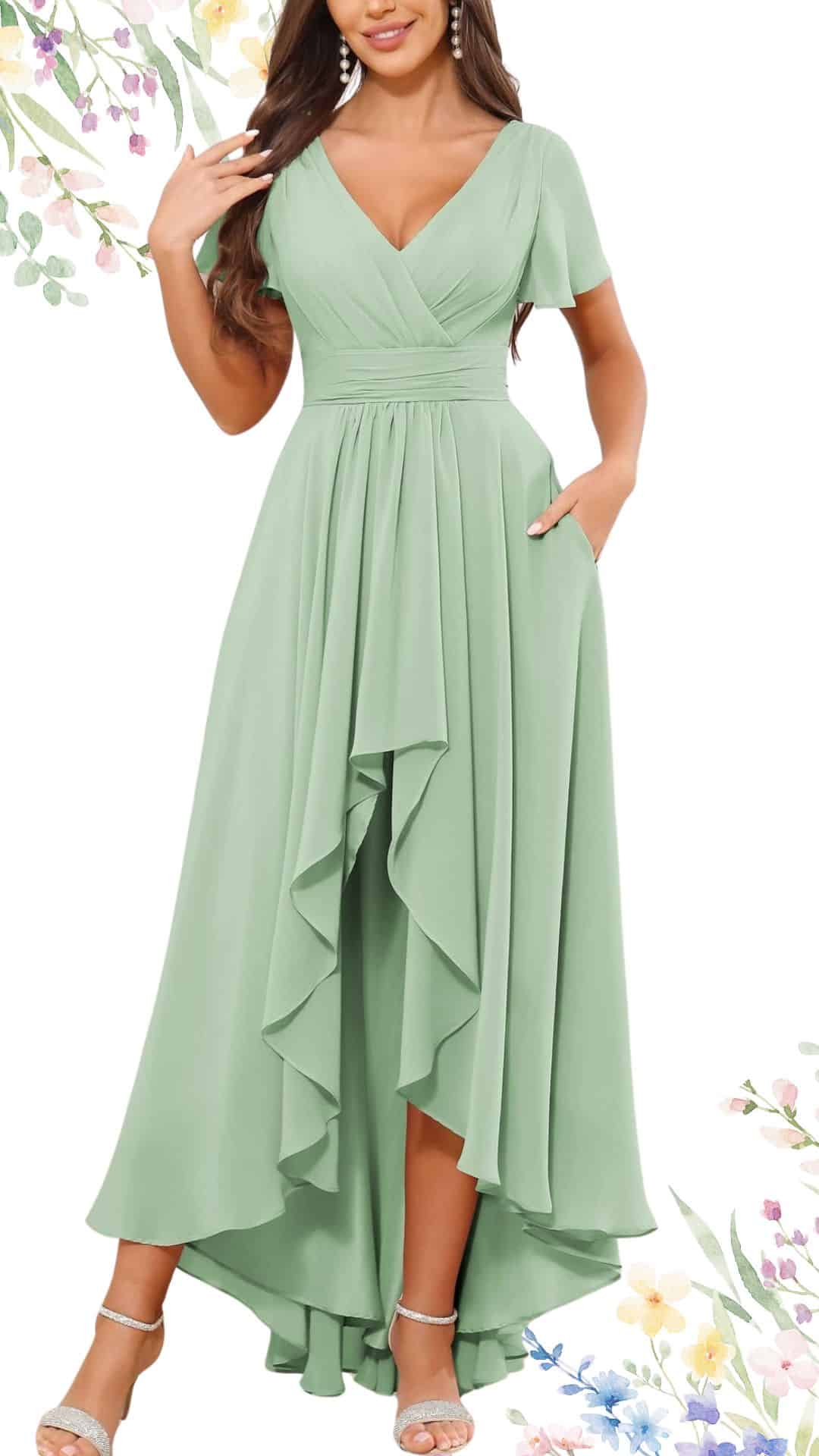 The dress features a soft, mint green shade with elegant, lightweight fabric that drapes beautifully. It has a flattering V-neckline and short sleeves, along with a high-low hemline that adds a graceful touch. The design includes side pockets and layered ruffles, enhancing its chic and sophisticated look, perfect for a spring wedding.