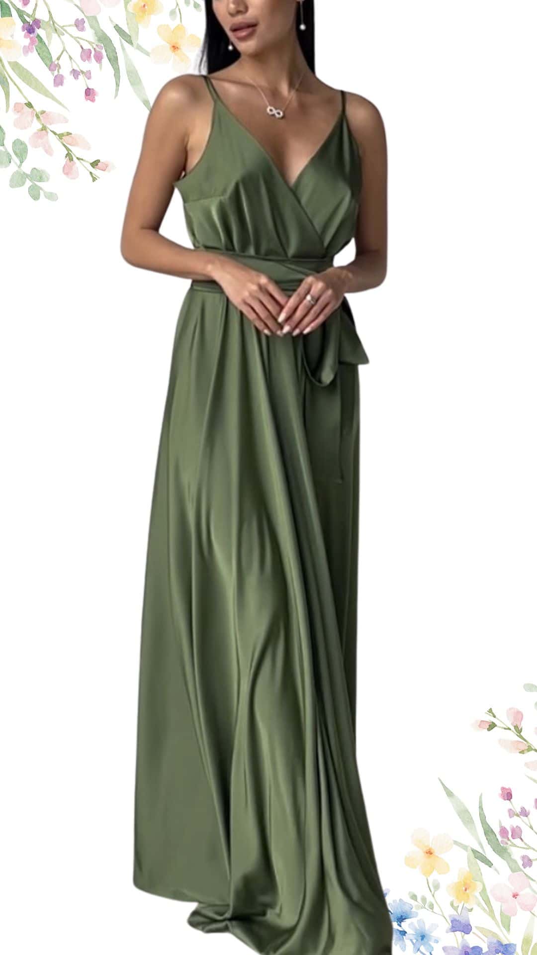 A long, elegant dress in a rich olive green, featuring a deep V-neckline and delicate spaghetti straps. The flowing fabric has a silky texture, with a wrap design at the waist that creates a stylish drape down to the floor. This sophisticated gown makes a perfect choice for a spring wedding.