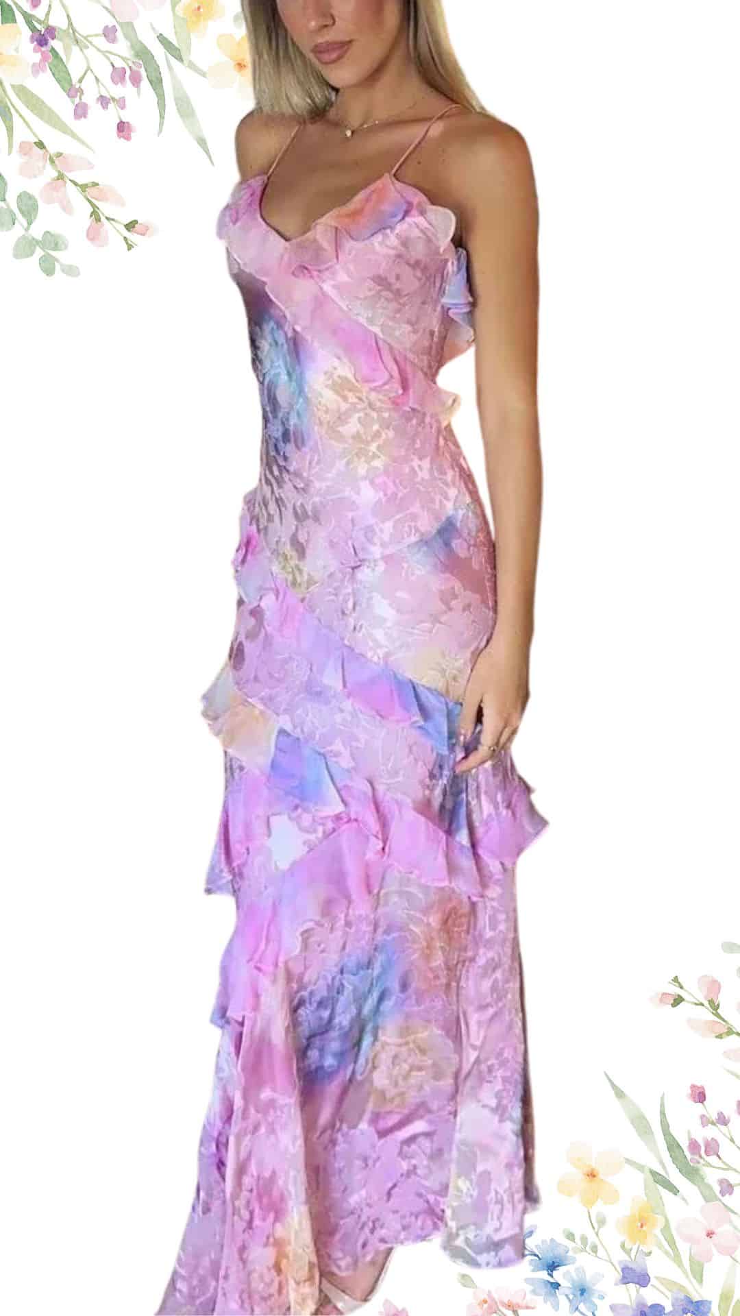 A flowing, pastel-hued wedding guest dress features shades of pink, lavender, and soft blue in a delicate floral pattern. It has a ruffled neckline, thin adjustable straps, and a mermaid silhouette that cascades to the floor with a layered hemline for elegant movement. The lightweight fabric adds a touch of ethereal charm, perfect for a spring celebration.