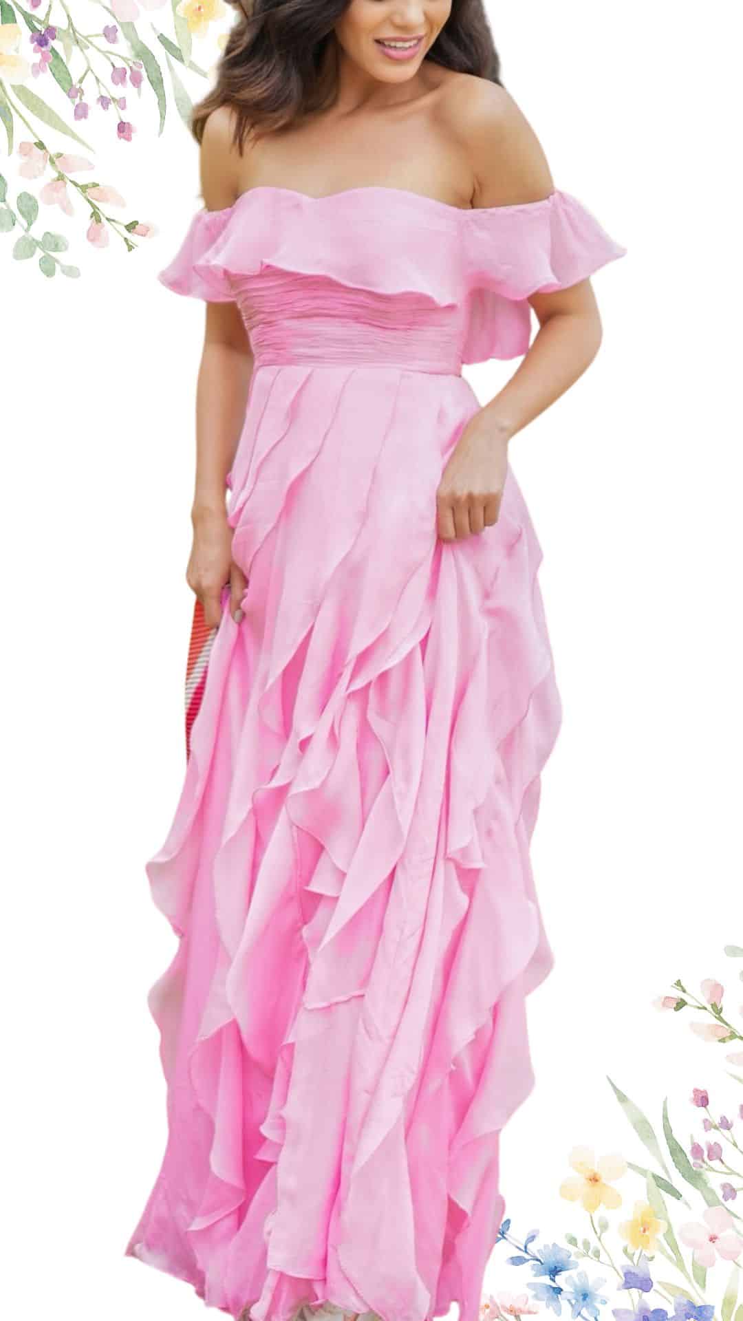 This elegant, off-the-shoulder dress features a soft pink hue, accentuated by ruffled layers cascading down its full-length skirt. The lightweight fabric offers a gentle texture, while the fitted bodice enhances a flattering silhouette, making it a perfect choice for a spring wedding. The hemline gracefully touches the ground, adding a formal touch to the overall design.