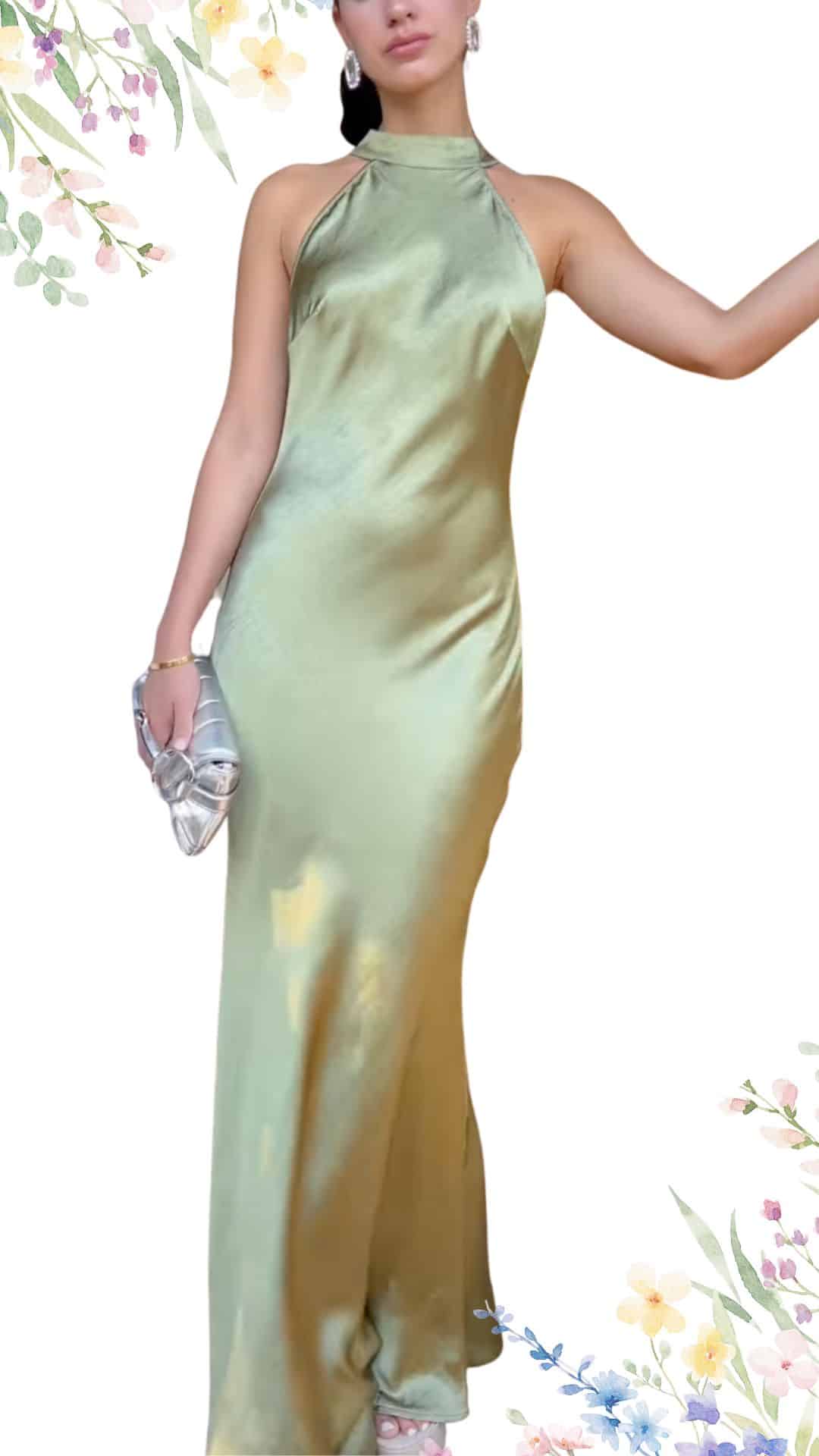 The dress is a sleek, floor-length gown in a soft sage green shade, crafted from a luxurious satin fabric that gently catches the light. It features a high halter neckline with elegant cut-out details at the shoulders and a form-fitting silhouette that accentuates the figure. The hemline is elongated, creating a graceful look suitable for a stylish spring wedding.