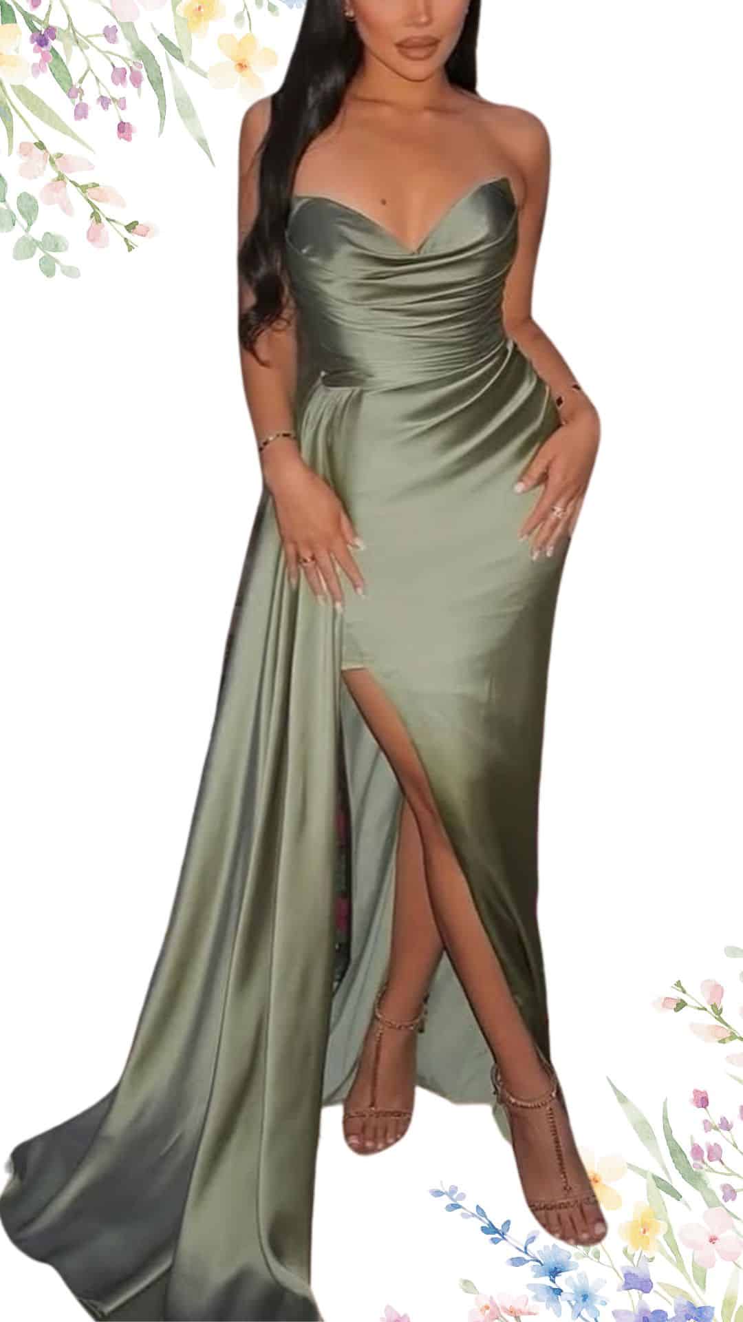 The dress features a smooth, satin finish in a soft sage green, showcasing a fitted, strapless bodice with a sweetheart neckline. It flows elegantly to the floor with a high slit, allowing for graceful movement, and has a slightly draped design that adds an element of sophistication.
