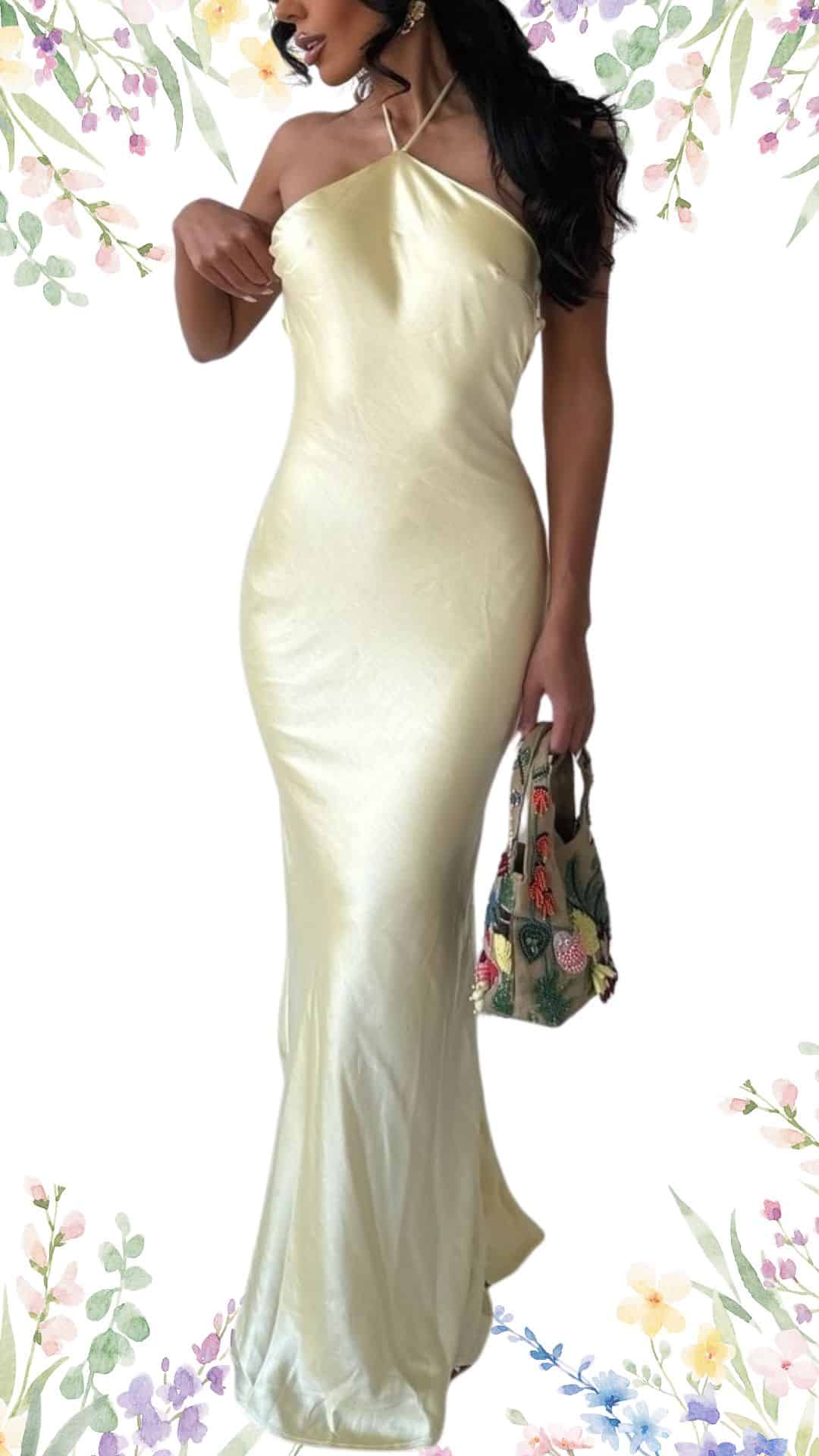 A stylish, form-fitting gown in a soft, elegant shade of pale yellow, featuring a halter neckline and a sleek, satin texture. The dress flows gracefully to a floor-length hem, creating a timeless silhouette perfect for a spring wedding. Delicate details emphasize sophistication while maintaining a modern allure.
