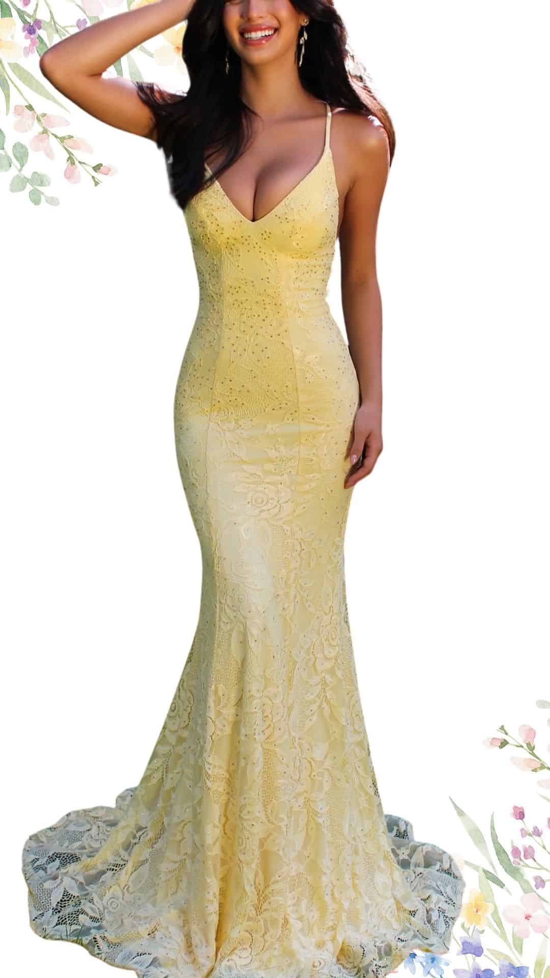 This elegant spring wedding guest dress features a figure-hugging silhouette in a soft, pastel yellow lace with intricate floral patterns. The gown has a plunging V-neckline and delicate spaghetti straps, flowing into a graceful mermaid hem with a subtle train for added sophistication. Elegant embellishments throughout the fabric enhance its luxurious texture, making it a stunning choice for a formal occasion.