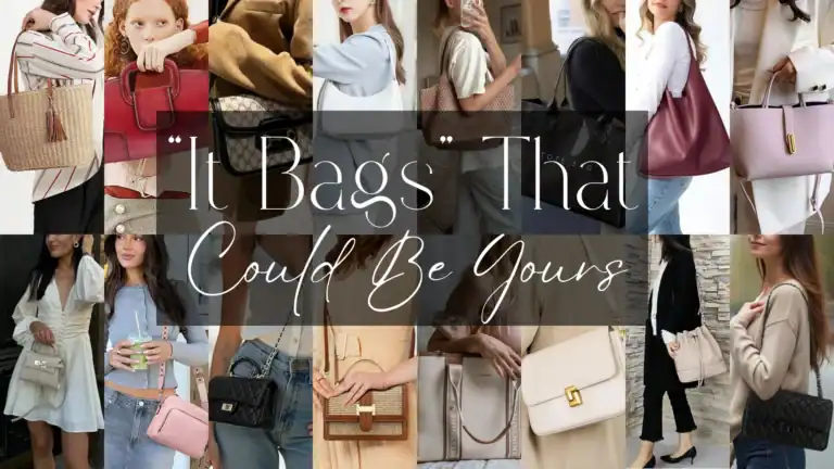 A collection of stylish handbags showcases various silhouettes including structured totes, casual hobo bags, and elegant crossbody styles, crafted from a mix of smooth leather, textured fabrics, and woven materials. The color palette ranges from muted pastels to deep jewel tones, featuring eye-catching details like gold hardware, intricate stitching, and subtle embellishments, making them suitable for both casual outings and formal events.