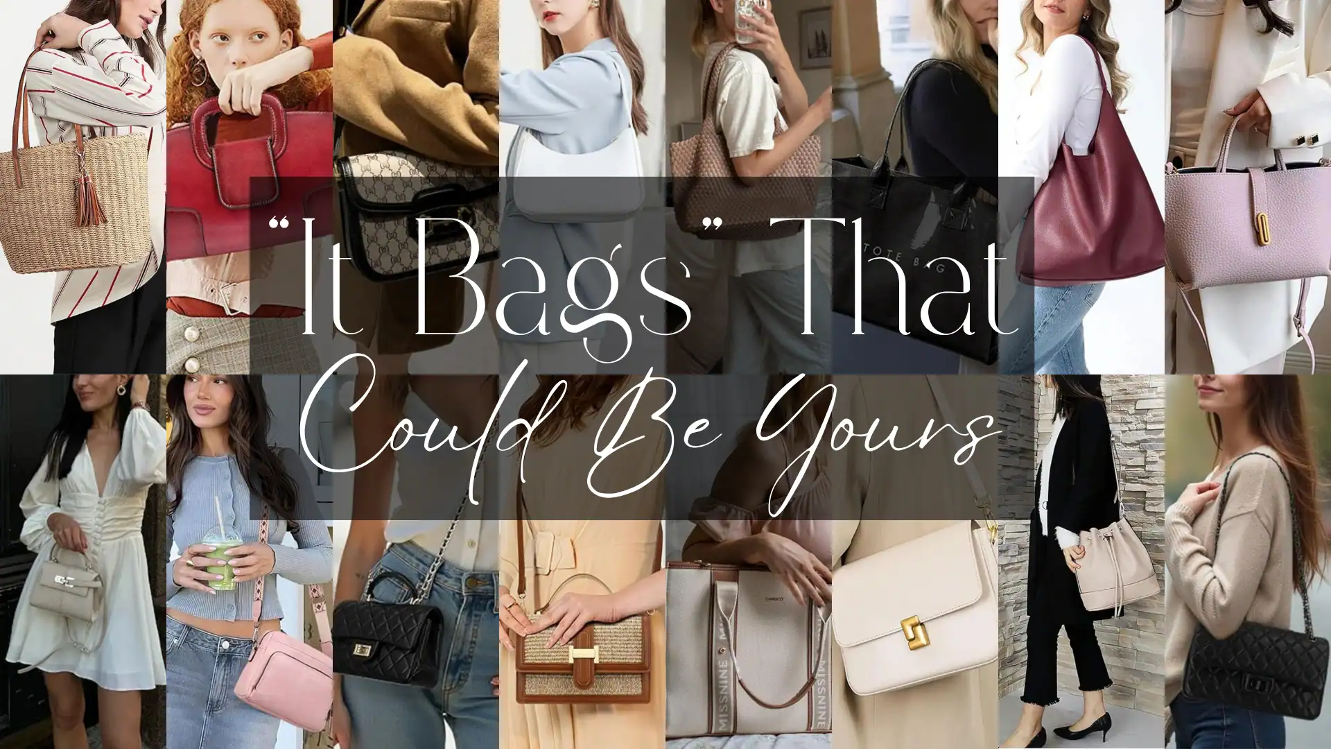 A collection of stylish handbags showcases various silhouettes including structured totes, casual hobo bags, and elegant crossbody styles, crafted from a mix of smooth leather, textured fabrics, and woven materials. The color palette ranges from muted pastels to deep jewel tones, featuring eye-catching details like gold hardware, intricate stitching, and subtle embellishments, making them suitable for both casual outings and formal events.