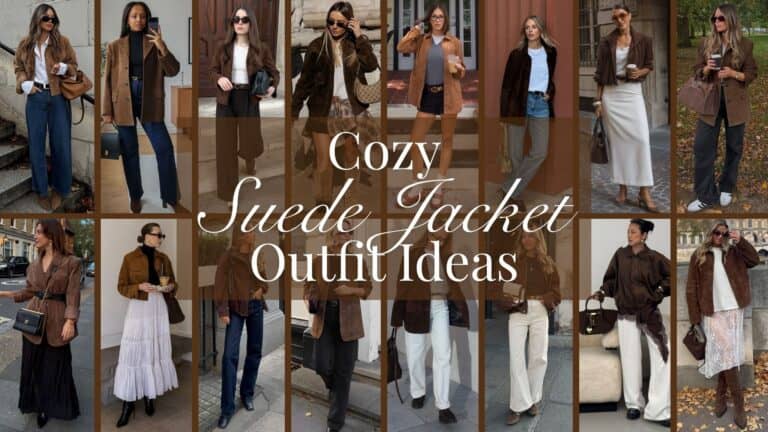 The outfit features a chic brown suede jacket, tailored with a slightly cropped design and subtle button detailing, paired with versatile options such as high-waisted denim jeans or flowing skirts. The color palette leans toward earthy tones, enhancing the overall warmth, while varying fabrics like soft suede and flowy textiles add texture and depth. Stylish accessories, including structured handbags and ankle boots, complete the look, adding an element of sophistication and modern flair.