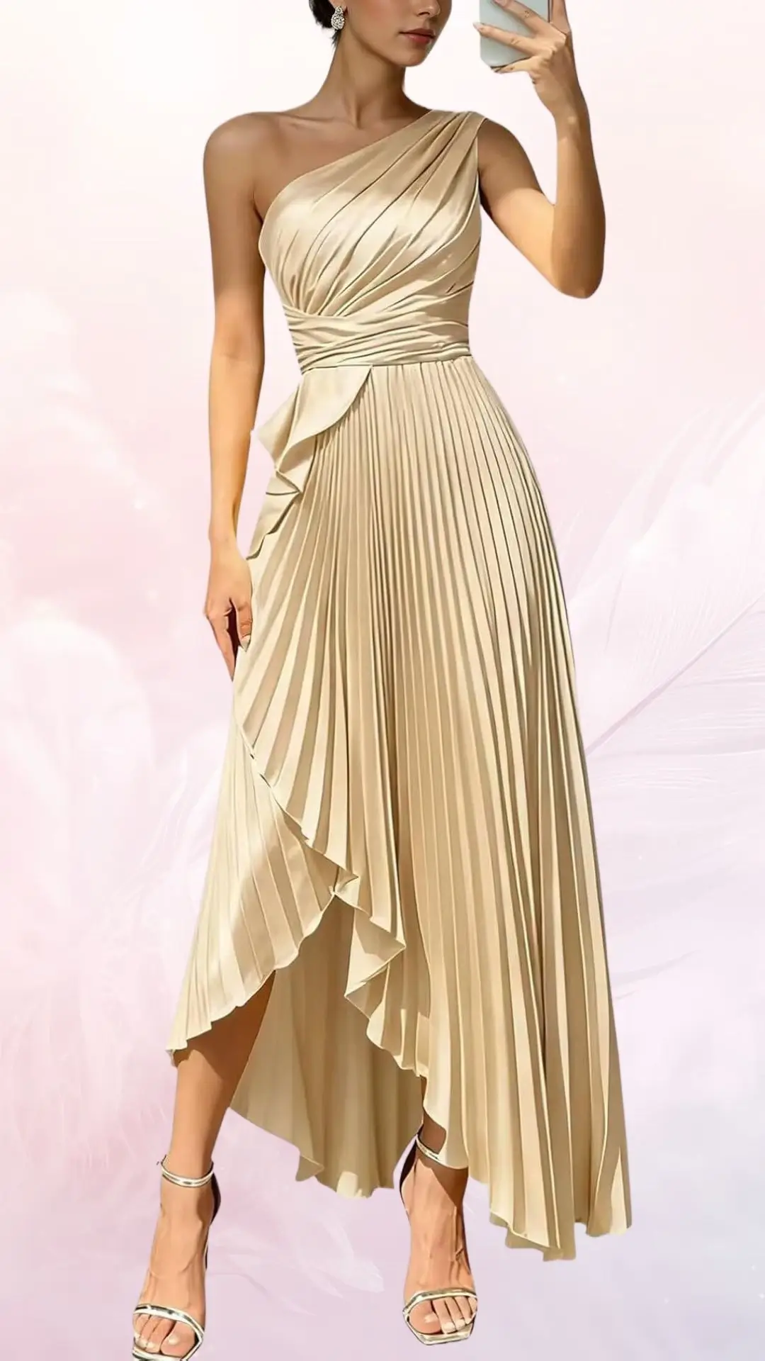 A light beige, one-shoulder wedding guest dress features elegant pleats cascading down to a high-low hemline. The waist is cinched with a matching belt, and the model pairs the dress with metallic strappy heels. The soft fabric lightly drapes, creating a sophisticated and flowing silhouette.