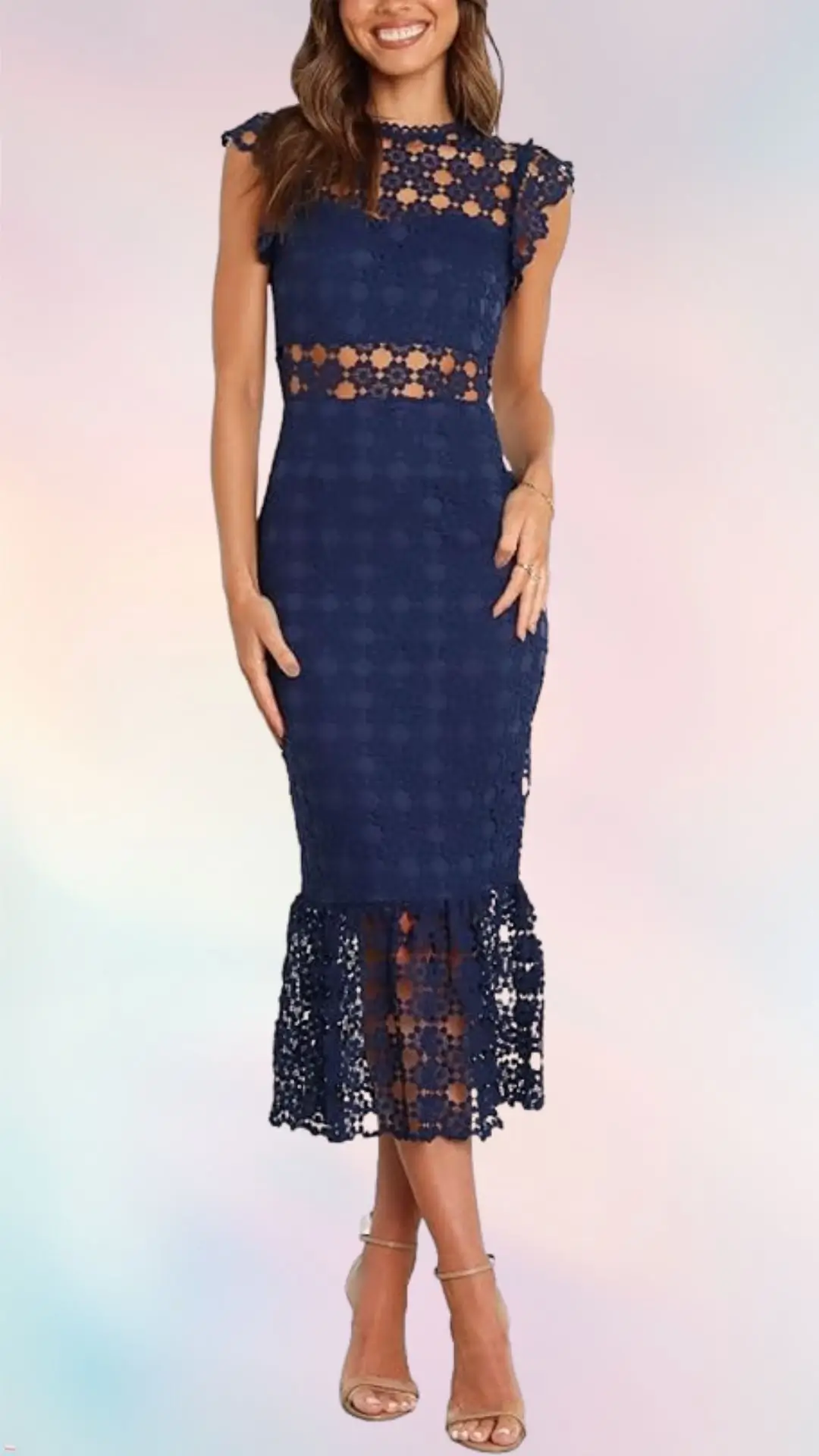 A fitted navy lace wedding guest dress features a high neckline and short cap sleeves, with a sheer midsection that adds sophistication. The hemline has a flared edge with intricate lace detailing, complemented by nude strappy heels. The overall look is elegant and perfect for a summer occasion.
