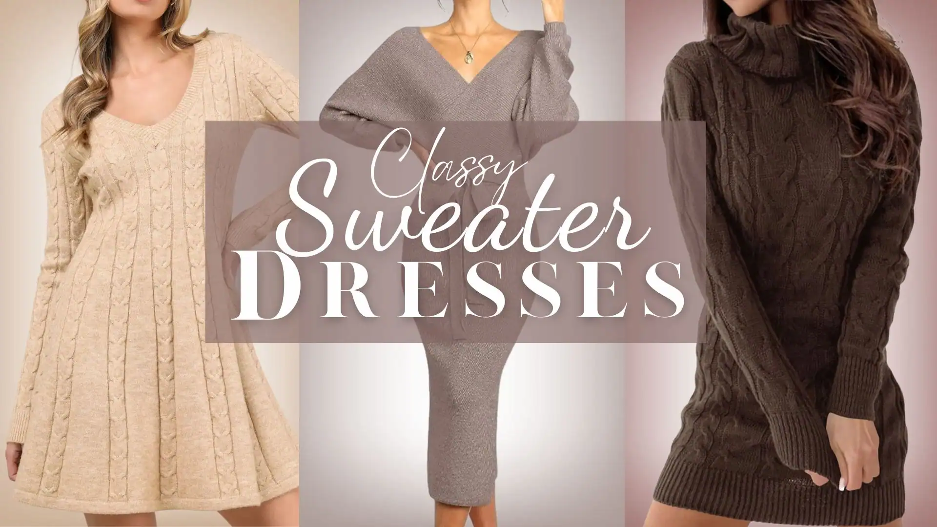 The image features three distinct sweater dresses showcasing varied styles and designs. On the left, a cream cable-knit dress with a fitted bodice and flared skirt offers a relaxed fit, while the center dress in a soft taupe showcases a sleek silhouette with a crossover neckline and body-hugging design, accented by a waist tie. The right dress is a deep olive green with a cozy turtleneck and fitted shape, featuring textured cable-knit details that emphasize warmth and sophistication.