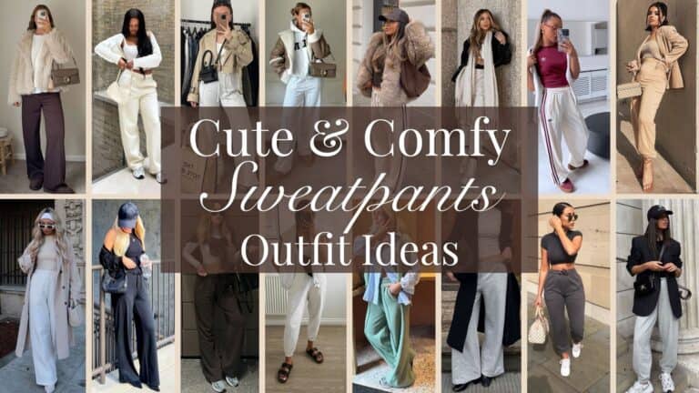 The image showcases a variety of stylish sweatpants outfits, featuring wide-leg, tapered, and high-waisted designs that exude comfort and versatility. Each outfit is accessorized with trendy items, such as cropped jackets, tailored blazers, and chic bags, enhancing their classy appeal. The color palette ranges from neutral tones to pastels, making the ensembles both cute and suitable for various occasions.