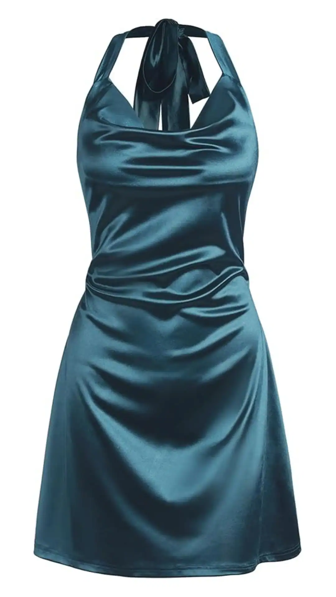 This homecoming dress features a halter neckline and a fitted bodice that flares into a playful skirt, made from a silky, smooth fabric in a rich teal color. The overall vibe is trendy and youthful, making it ideal for a festive school dance or party, perfect for teenage girls looking to make a stylish statement.
