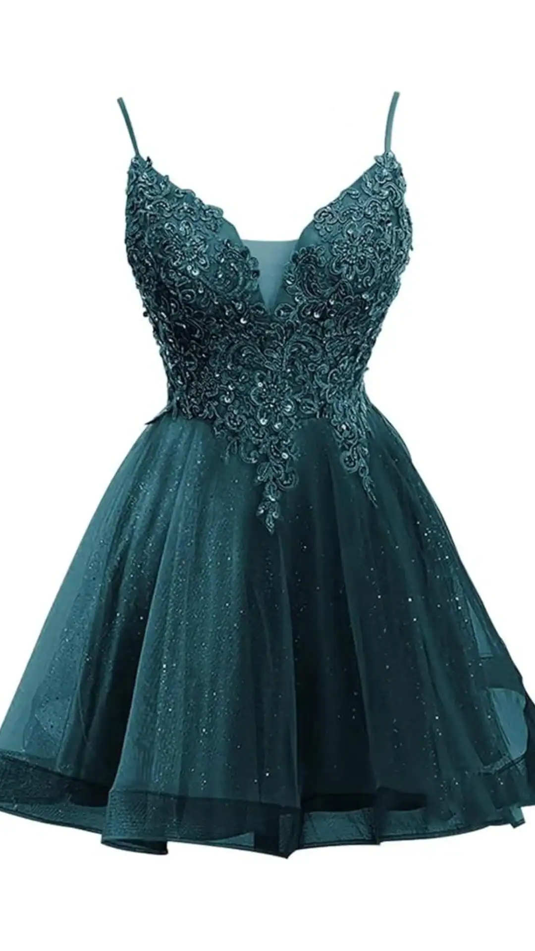 This enchanting teal homecoming dress features a fitted bodice adorned with intricate beadwork and embroidery, complemented by delicate spaghetti straps. The voluminous skirt in sheer tulle gives the dress a playful yet elegant silhouette, making it perfect for a teenage girl attending a formal event or school dance, exuding a romantic vibe.