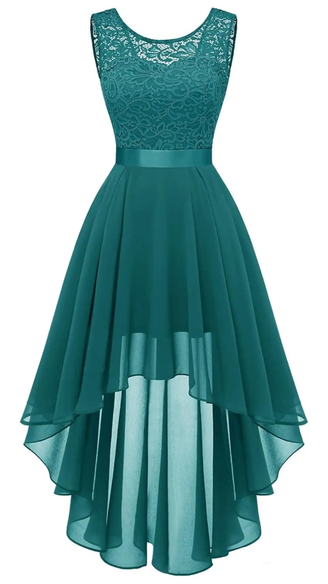 Elegant teal homecoming dress featuring a lace bodice and a layered chiffon high-low skirt, creating a flowing silhouette. The fitted waist and flared hemline offer a flattering fit, making it perfect for formal events or school dances, exuding a romantic and trendy vibe designed for teenage girls.