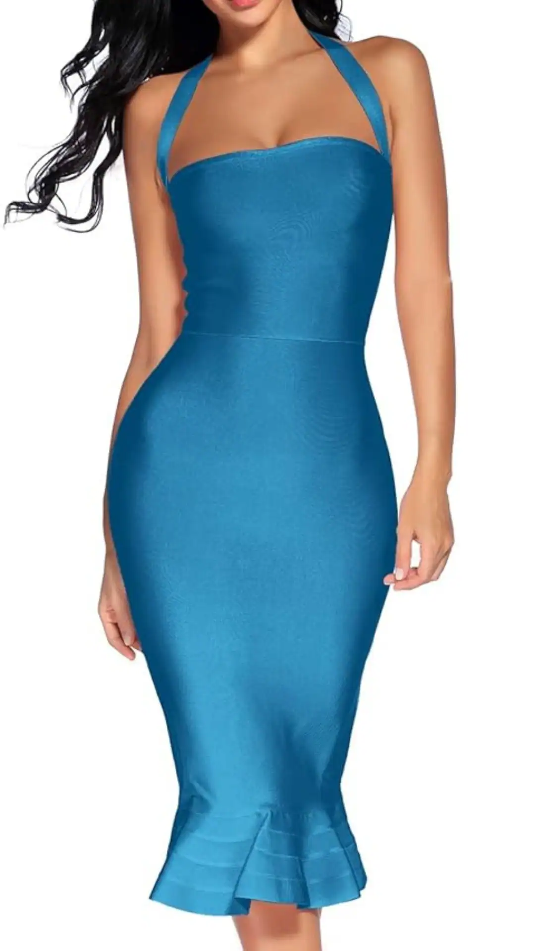 This fitted homecoming dress features a rich teal color in a sleek, stretchy fabric that hugs the body, showcasing a strapless, sweetheart neckline and an elegant mermaid hem with a subtle ruffle at the bottom. The overall vibe is sophisticated and trendy, making it a perfect choice for a formal event or school dance aimed at teenage girls.