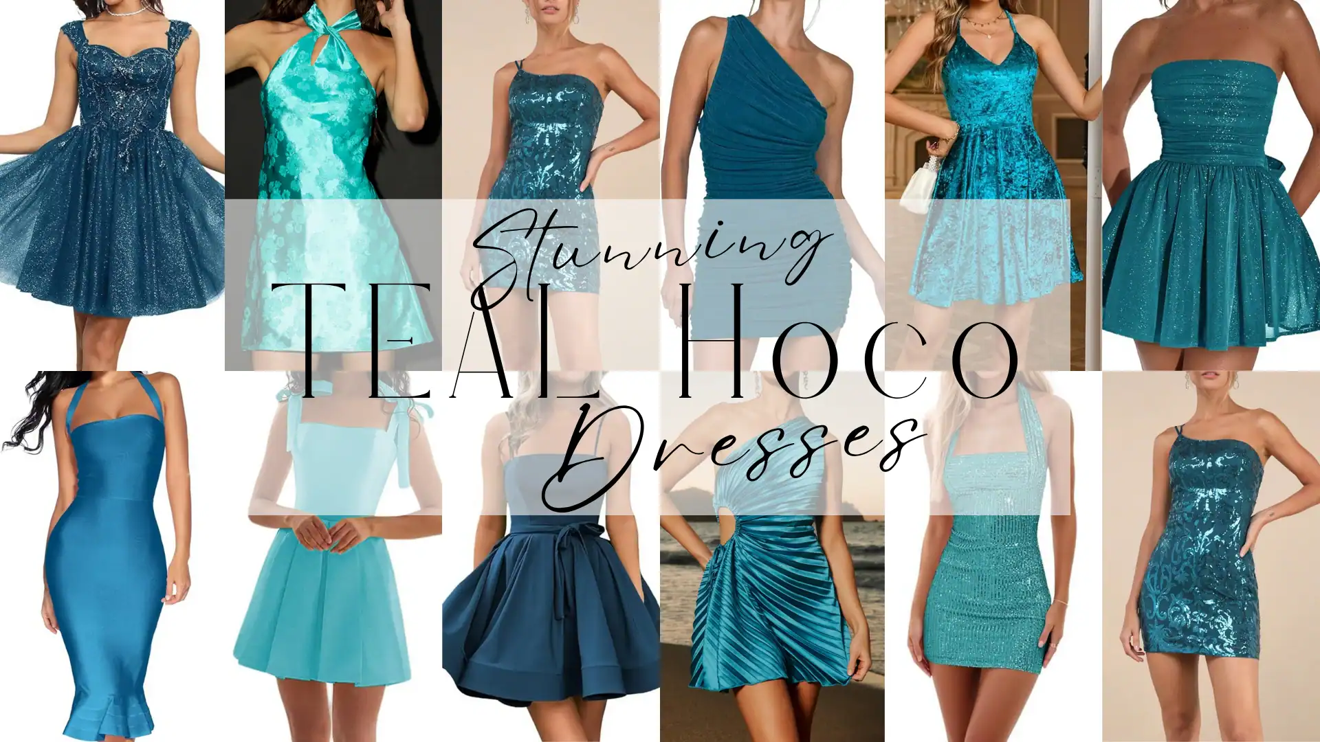 The collection features a variety of teal homecoming dresses, showcasing different styles such as fitted, flared, and layered silhouettes, crafted from textured fabrics like sequined, velvet, and satin. The vibrant teal hues range from soft aqua to deep turquoise, accented with lace and ruffles, making these dresses perfect for a fun, festive occasion like homecoming, ideally suited for teenage girls.