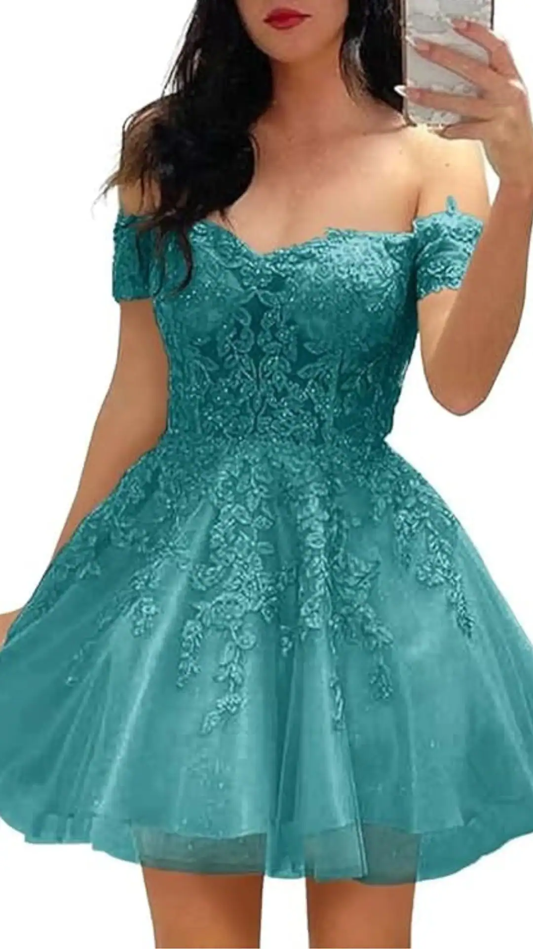 This teal homecoming dress features an elegant off-the-shoulder neckline with delicate embroidery throughout, creating a textured and detailed aesthetic. The fitted bodice and flared skirt provide a youthful, playful vibe, making it an ideal choice for teens attending a formal event or school dance.