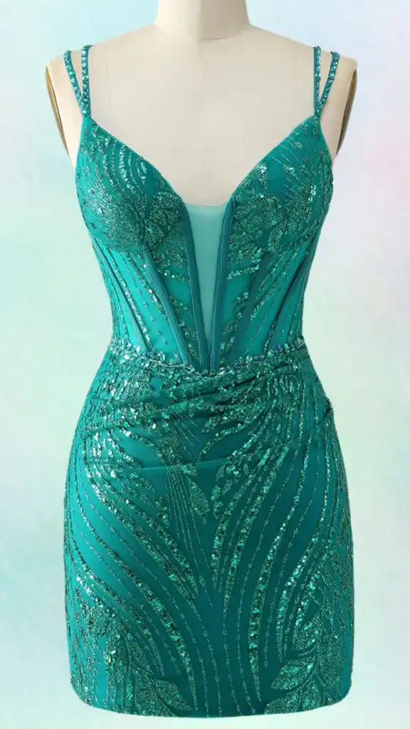 This form-fitting homecoming dress features a striking teal color adorned with intricate sequin patterns that create a wave-like design, adding texture and visual interest. With a plunging neckline, adjustable straps, and a sleek silhouette that hugs the curves, this trendy dress exudes a bold and glamorous vibe, perfect for a stylish teen attending a formal event or school dance.