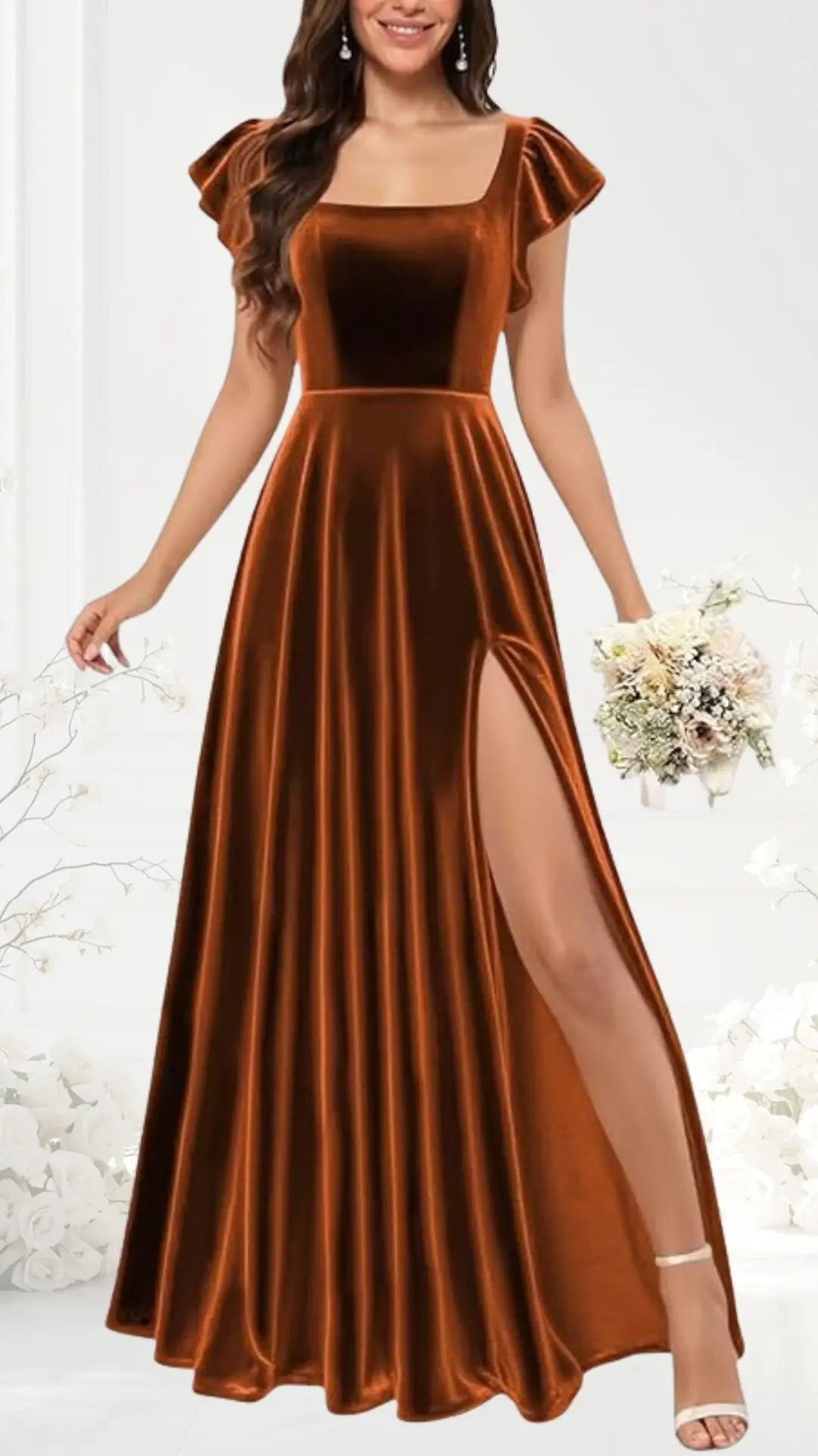 A terracotta wedding guest dress features a fitted bodice with a square neckline and short puff sleeves, flowing into a long, pleated skirt. The dress has a thigh-high slit on one side, accentuating movement, and is paired with white strappy heels. The model holds a bouquet of delicate flowers, enhancing the elegant look.