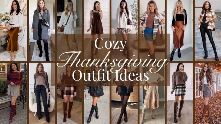 The outfits feature a mix of chic fall styles, including long, flowing skirts in rich shades like rust and cream, paired with cozy sweaters and tailored blazers. Textures range from soft knits to structured wools, with prints such as plaid and houndstooth adding visual interest. Knee-high boots complete the looks, enhancing both warmth and elegance, perfect for a festive Thanksgiving gathering.