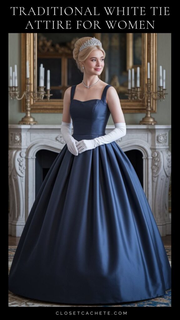 woman wearing traditional white tie attire, navy ball gown, white opera gloves, updo and tiara.