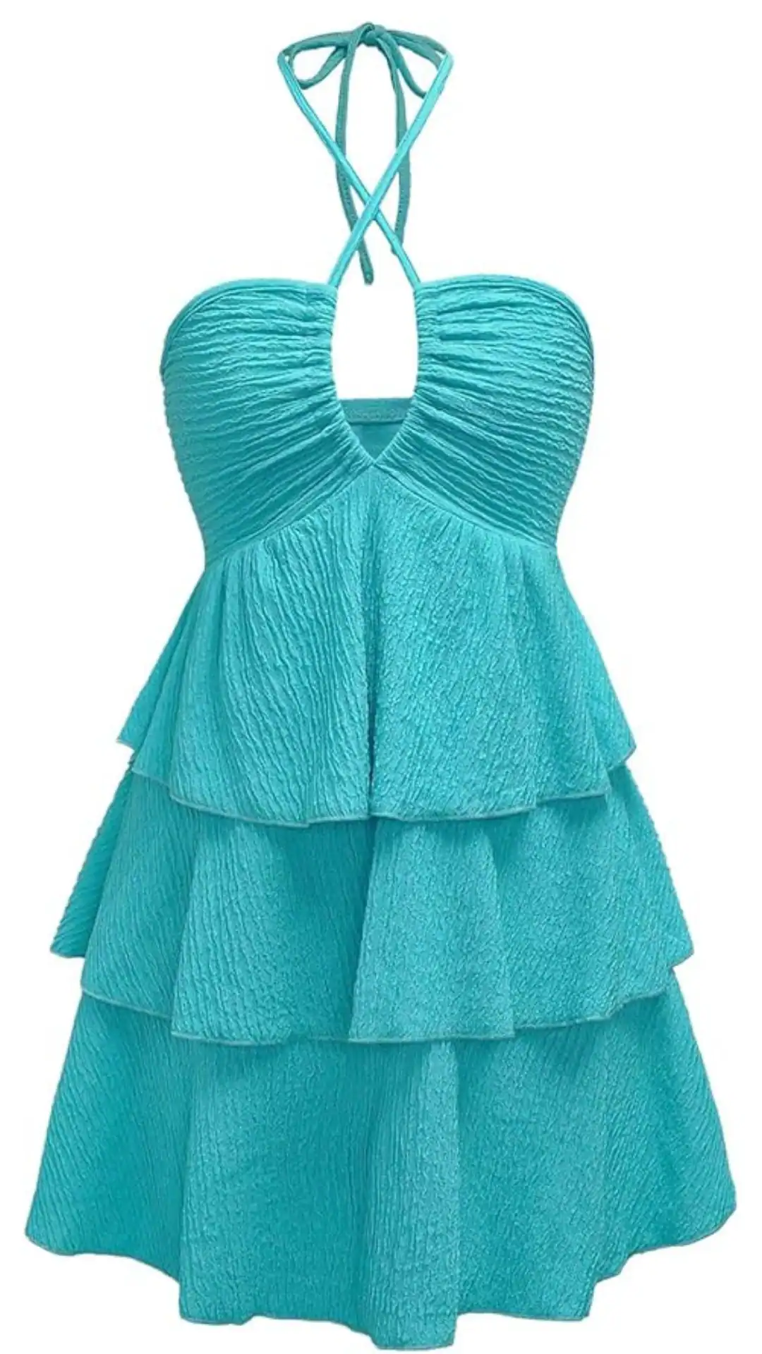 This vibrant turquoise homecoming dress features a halter neckline with a flattering, ruched bodice that seamlessly transitions into a layered, tiered skirt. The playful design offers a relaxed fit, making it perfect for a fun, trendy party atmosphere, ideal for teenage girls attending a school dance or homecoming event.