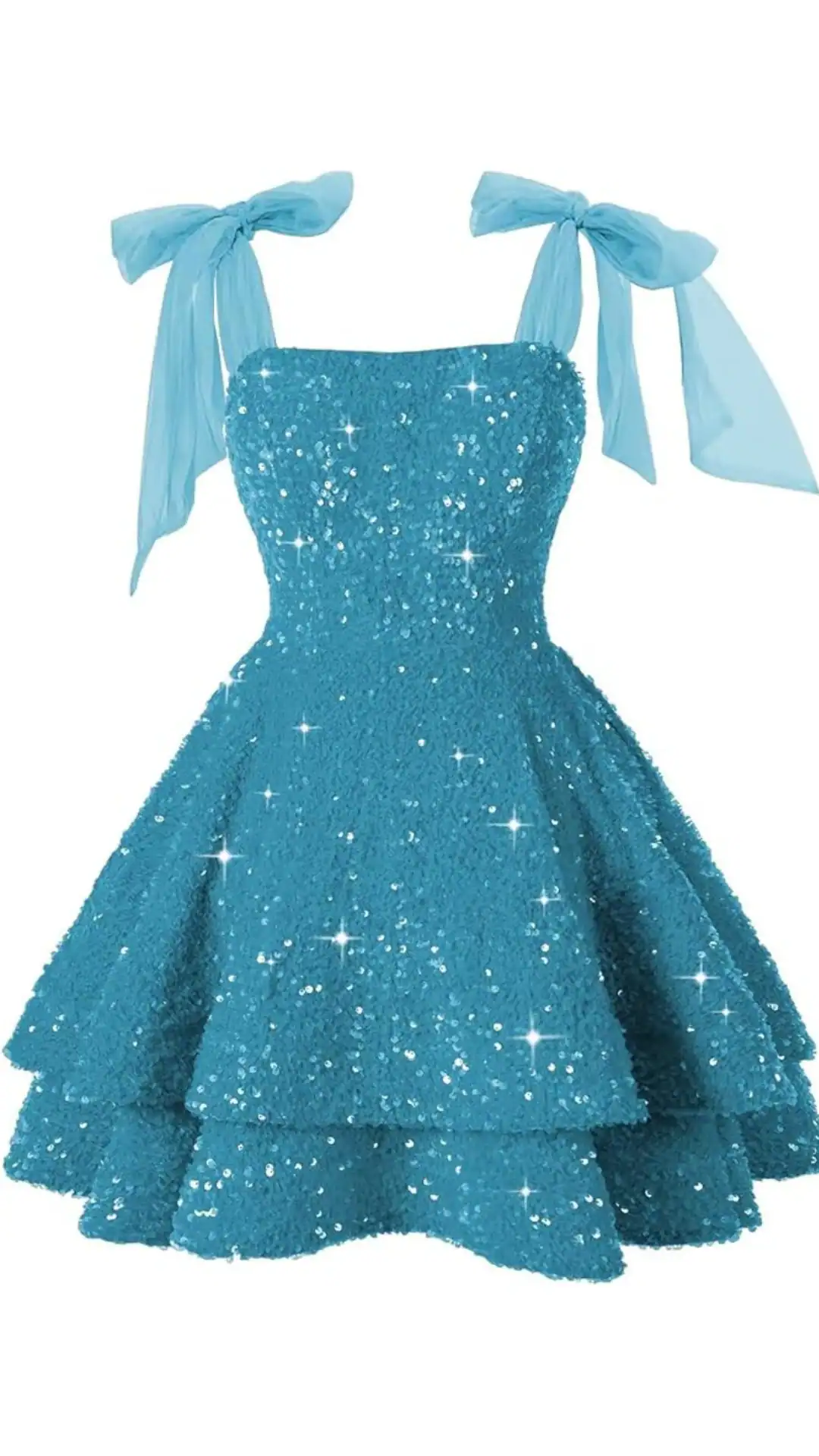 This vibrant turquoise homecoming dress features a fitted bodice adorned with textured sequins and delicate sheer tie straps, cascading into a flared, tiered skirt that adds playful volume. Its cheerful color and sparkling design create a fun, youthful vibe, perfect for a celebratory occasion like homecoming or a school dance, making it an ideal choice for teenage girls.