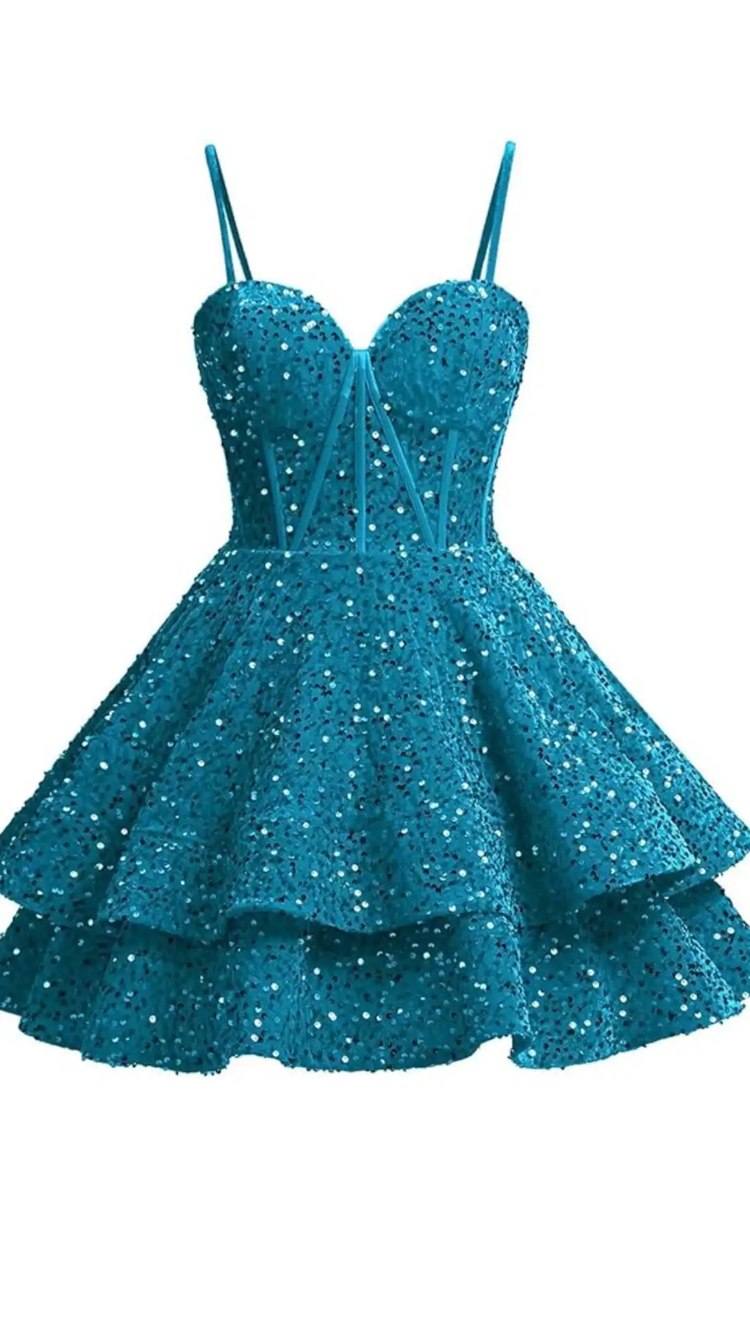 This stunning homecoming dress features a vibrant turquoise color adorned with shimmering sequins, enhancing its playful and glamorous vibe. The design showcases a fitted bodice with a sweetheart neckline and adjustable spaghetti straps, leading to a voluminous layered skirt that flares out, perfect for dancing at formal events.