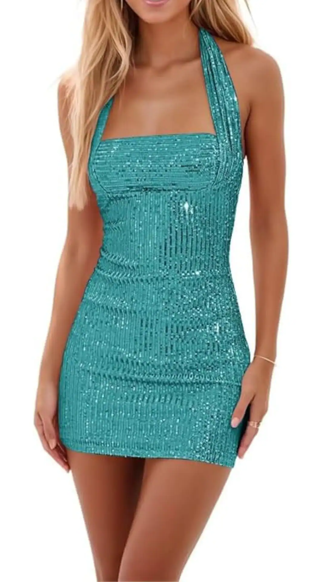 This form-fitting homecoming dress features a captivating turquoise hue adorned with shimmering sequins, providing a dazzling and eye-catching effect. The dress has a strapless halter neckline and a sleek mini length that enhances its trendy and youthful vibe, making it perfect for an energetic school dance or formal event.