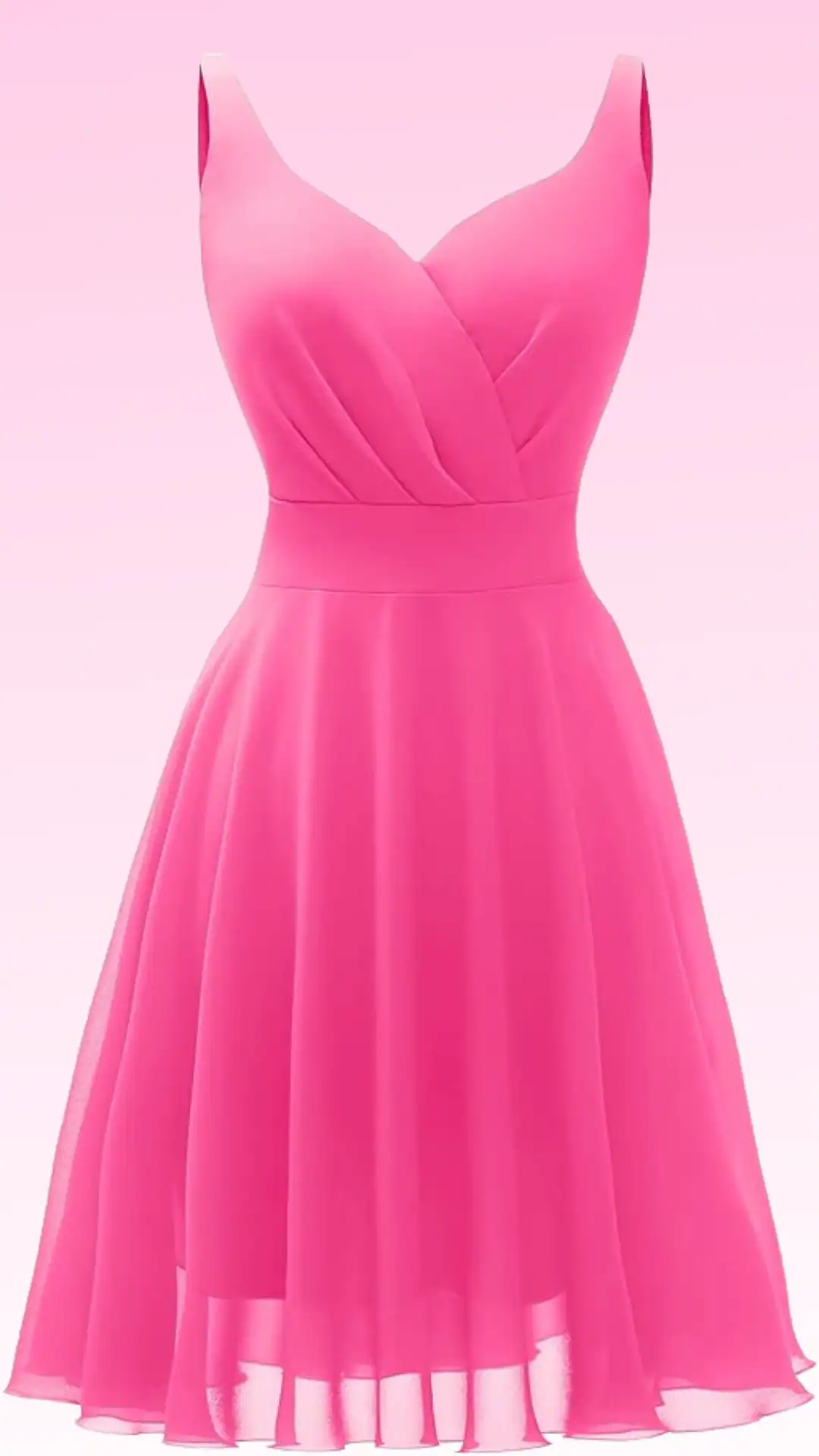 This vibrant, fuchsia pink homecoming dress features a flattering V-neckline with a wrap-style bodice, crafted from a smooth, lightweight fabric that flows into an A-line skirt, allowing for graceful movement. The overall aesthetic is youthful and playful, making it perfect for a fun school dance or special event, particularly suited for teens looking to make a bold impression.