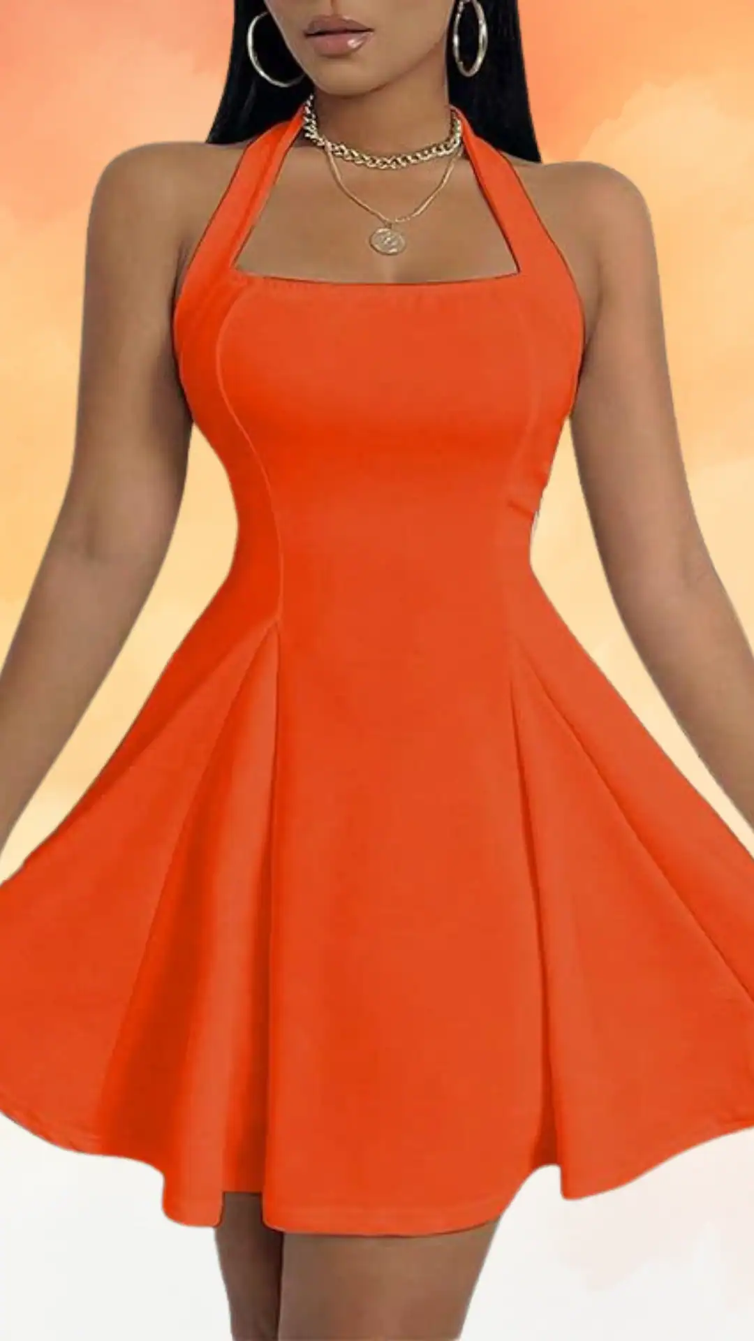 This vibrant orange homecoming dress features a fitted bodice with a square neckline and halter straps, crafted from a smooth, stretchy fabric that enhances comfort and movement while providing a playful A-line silhouette. The youthful design exudes a trendy, fun vibe, making it ideal for teenage girls attending parties or school dances.