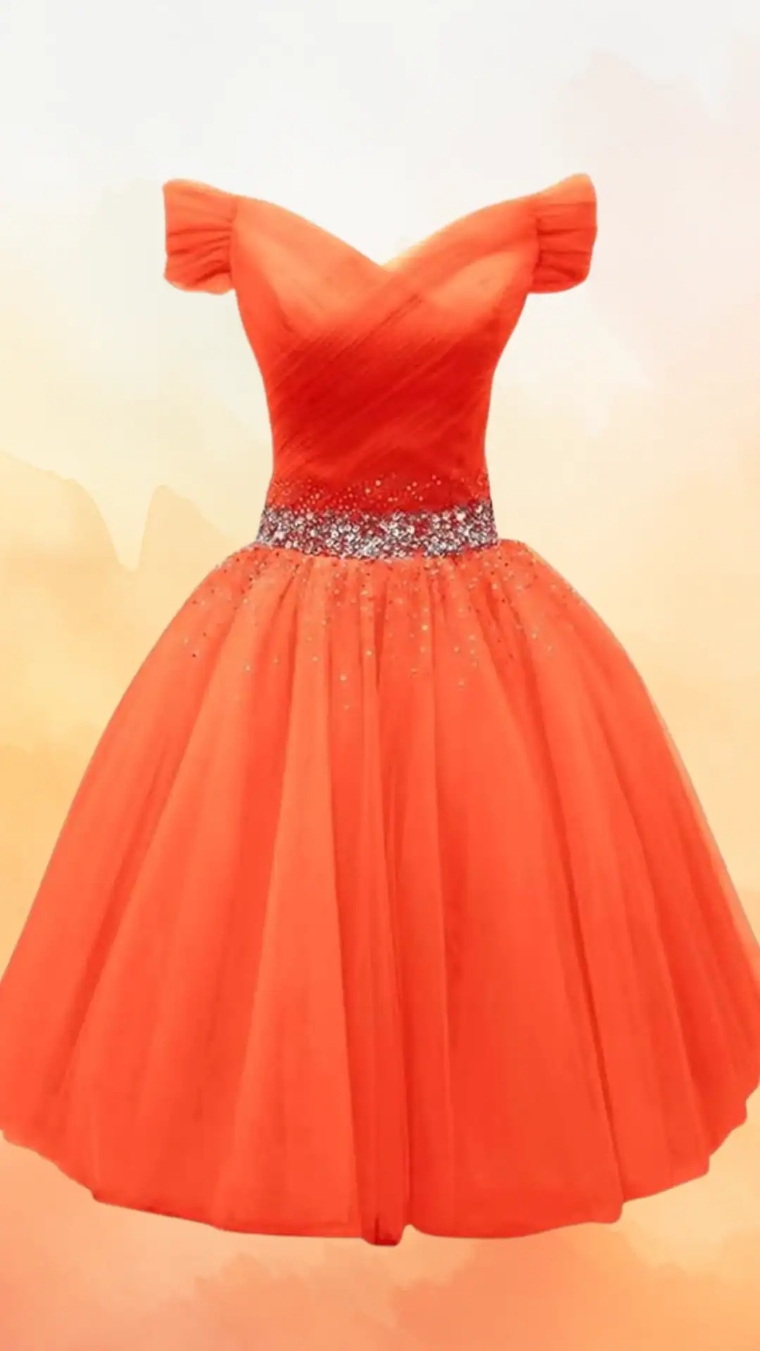This vibrant orange homecoming dress features a fitted, V-neck bodice with delicate puff sleeves and a cinched waist adorned with a sparkling beaded belt, flowing into a voluminous skirt made of soft tulle. The overall vibe is playful and trendy, making it an ideal choice for a school dance or formal event tailored for teens.