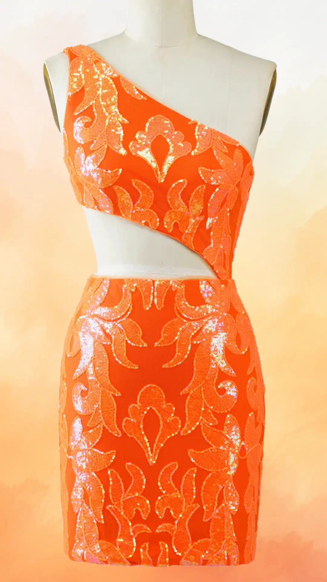 This vibrant orange homecoming dress features a one-shoulder design adorned with intricate, shimmering sequined floral patterns, creating a striking visual texture. Its fitted silhouette accentuates the body, exuding a bold and glamorous vibe, making it perfect for festive occasions like parties or school dances, tailored for teenage girls seeking an eye-catching ensemble.