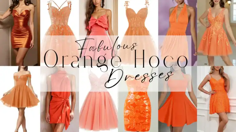 A vibrant collection of orange homecoming dresses showcases a variety of styles, including fitted, flared, and playful silhouettes crafted from satin, tulle, and chiffon, accented with floral patterns and eye-catching textures. The overall vibe is trendy and fun, perfect for a festive occasion like homecoming, aimed at teenage girls seeking to make a stylish statement.