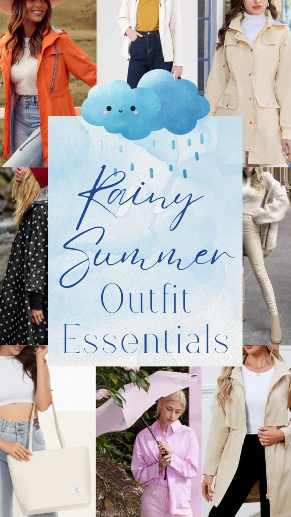 A vibrant orange raincoat paired with a casual white tee and denim jeans conveys a sporty yet chic aesthetic, perfect for drizzly summer days. The outfit features playful polka dots and pastel accents, embracing a cheerful and refreshing vibe suitable for casual outings or outdoor adventures.