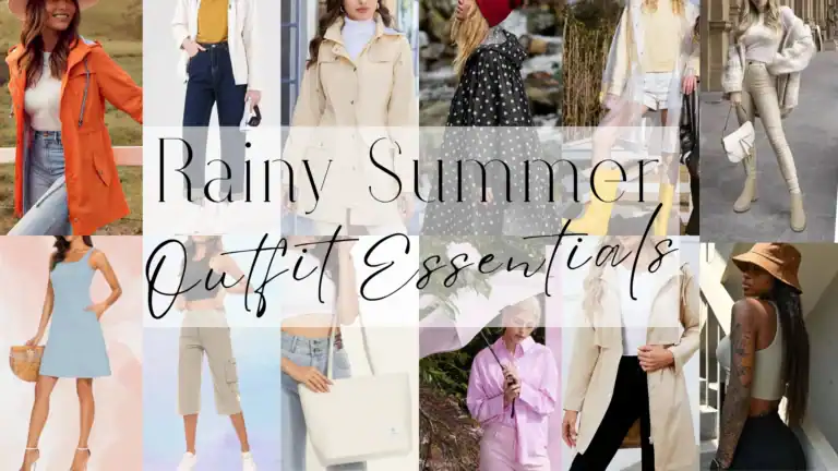 A vibrant orange raincoat with a lightweight fabric and a matte finish evokes a playful and adventurous vibe, perfectly complemented by classic denim. Paired with eye-catching yellow rain boots and a stylish hat, this outfit is ideal for casual summer outings, ensuring both style and practicality amidst unpredictable weather.