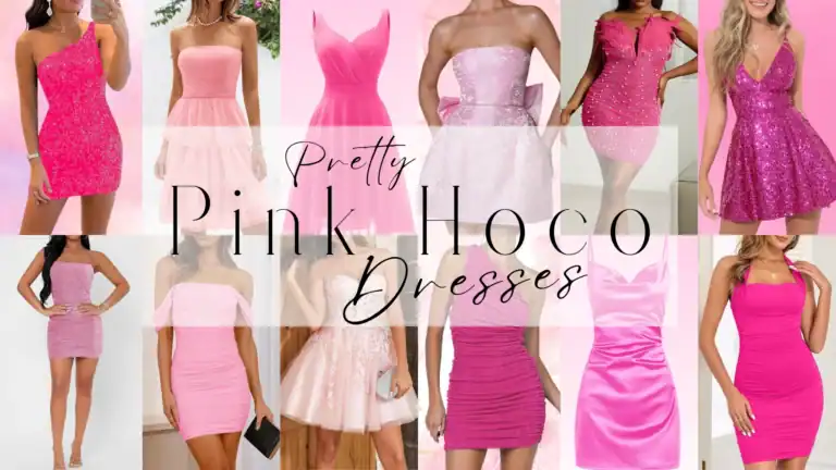 The image features a collection of vibrant pink homecoming dresses, showcasing styles ranging from form-fitting and ruched to layered and flared silhouettes. Textures vary from smooth satin and playful tulle to shimmering sequins, with hues including bold fuchsia, soft blush, and deep raspberry, creating a fun and flirty vibe perfect for formal events and teenage celebrations.