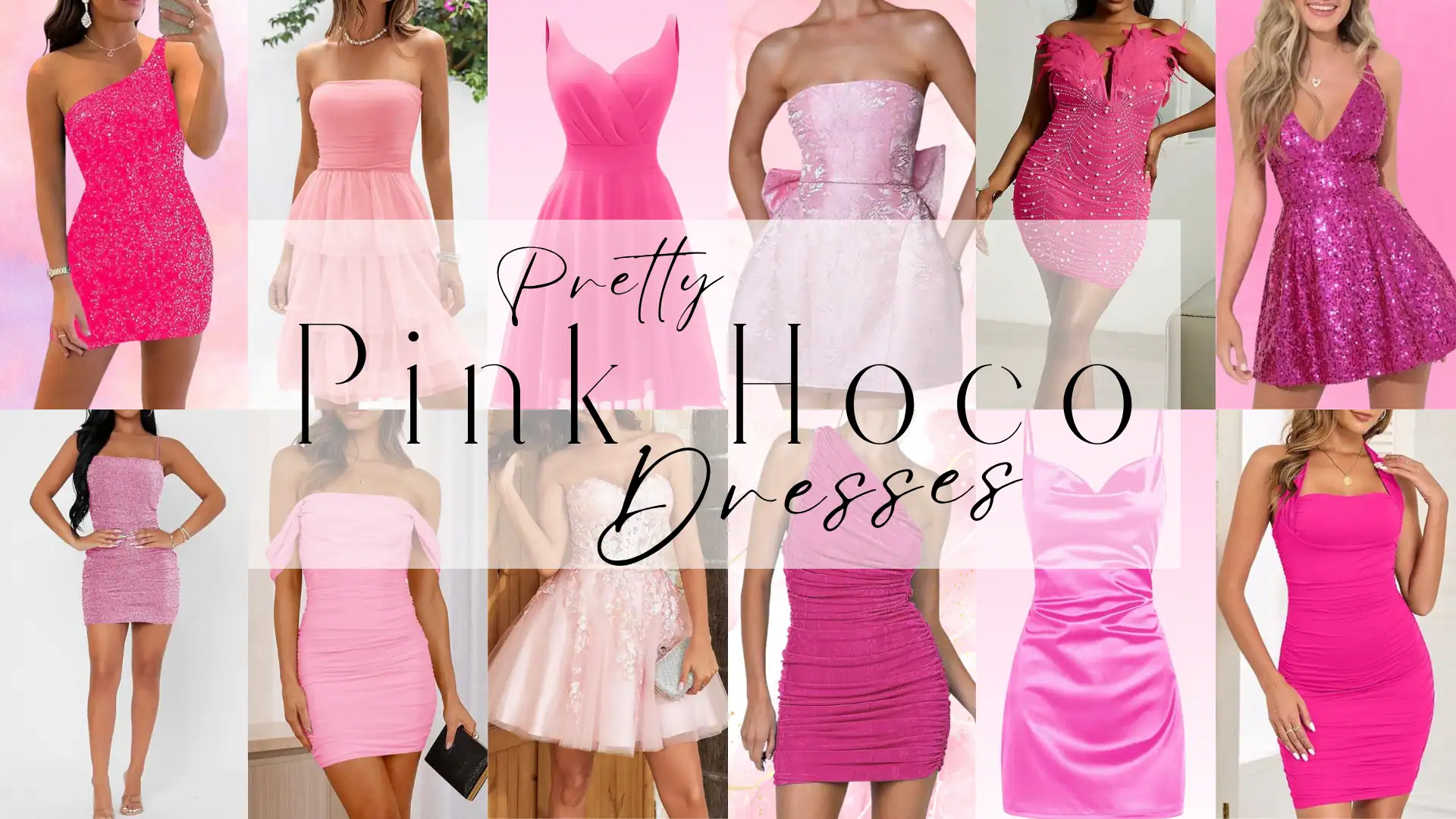 The image features a collection of vibrant pink homecoming dresses, showcasing styles ranging from form-fitting and ruched to layered and flared silhouettes. Textures vary from smooth satin and playful tulle to shimmering sequins, with hues including bold fuchsia, soft blush, and deep raspberry, creating a fun and flirty vibe perfect for formal events and teenage celebrations.