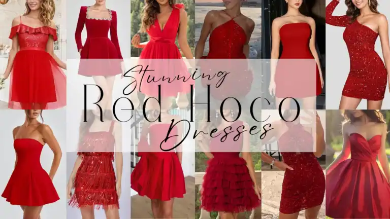 A vibrant selection of red homecoming dresses featuring various styles, including fitted, flared, and tiered silhouettes, constructed from materials like satin and tulle, offering a mix of textures. Each dress showcases shades of red, with patterns ranging from solid hues to sparkling sequins, providing a bold and festive appeal perfect for teen girls at formal events, parties, or school dances, embodying a fun, trendy, and youthful vibe.