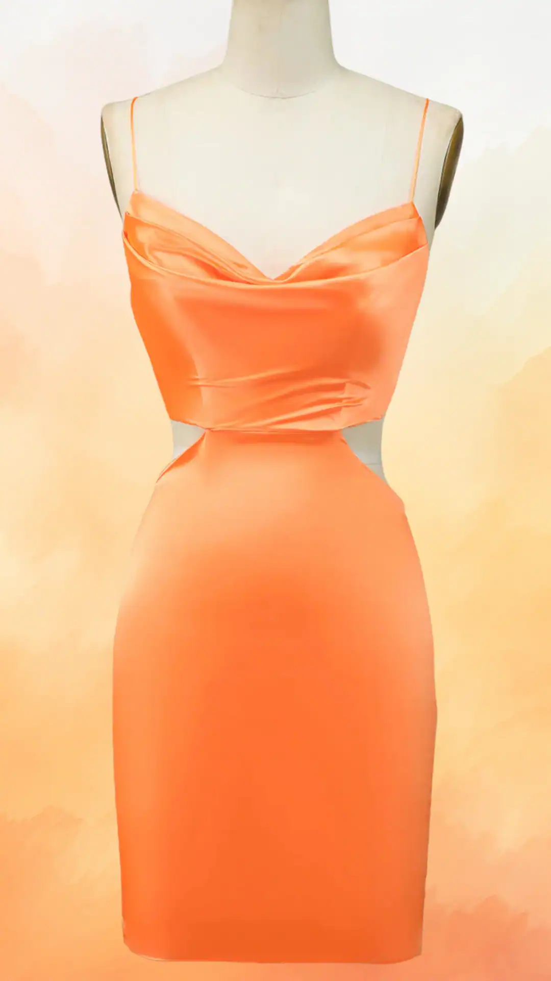 This vibrant, satin orange homecoming dress features a sleek, body-hugging silhouette with elegant cowl neckline and side cutouts that add a modern twist. The smooth texture and eye-catching color create a bold, youthful vibe, making it perfect for a lively school dance or celebration.